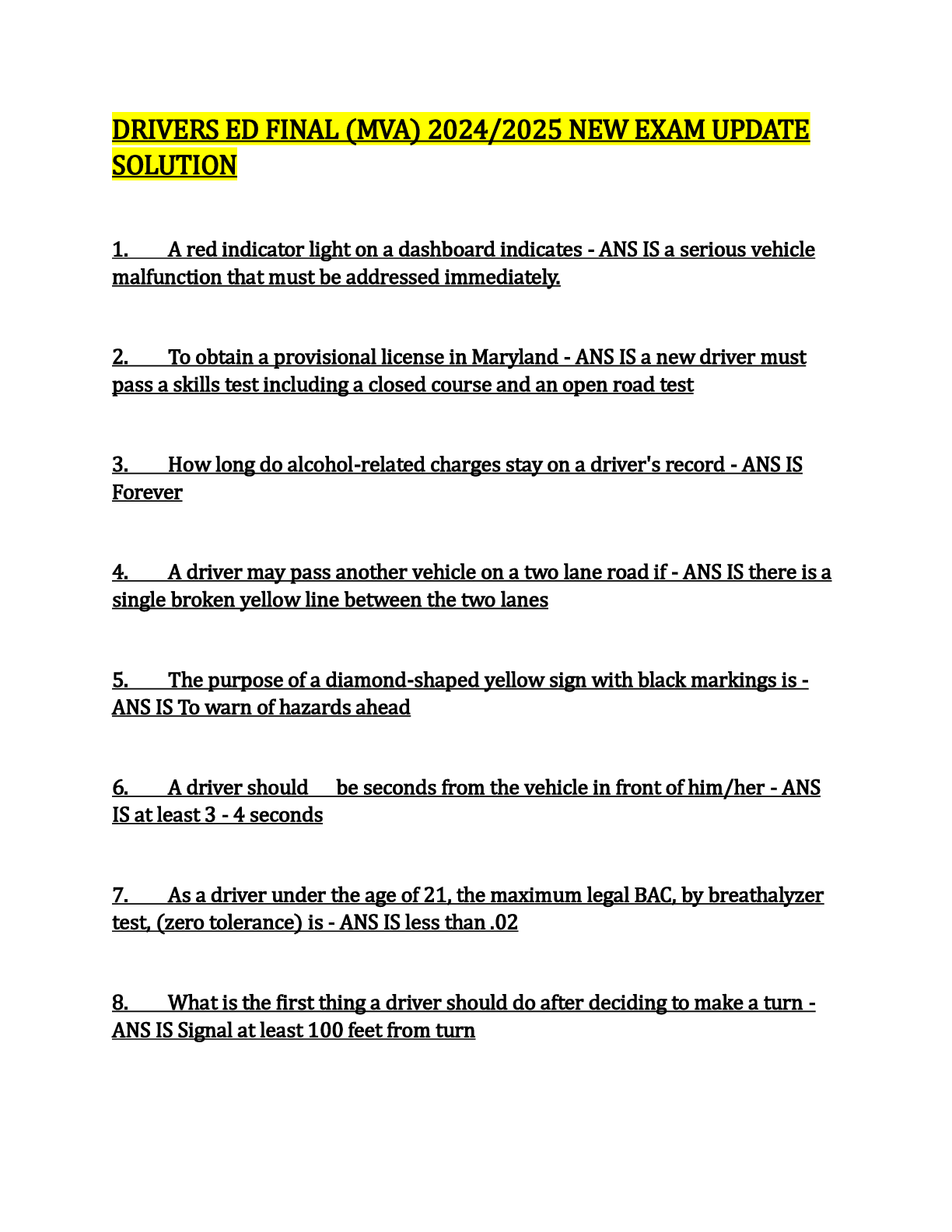 Preview image for Drivers ED Final (MVA) |50 Questions with 100% Correct Answers | Updated 2024/2025 | Guaranteed A+