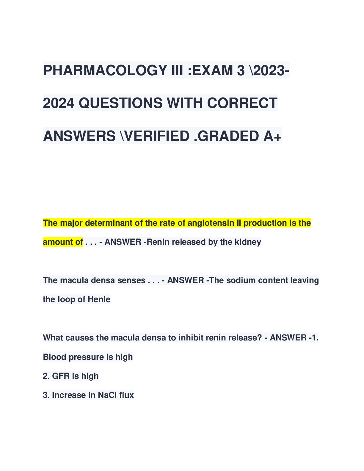 Preview image for PHARMACOLOGY III :EXAM 3 \2023- 2024 QUESTIONS WITH CORRECT  ANSWERS \VERIFIED .GRADED A+