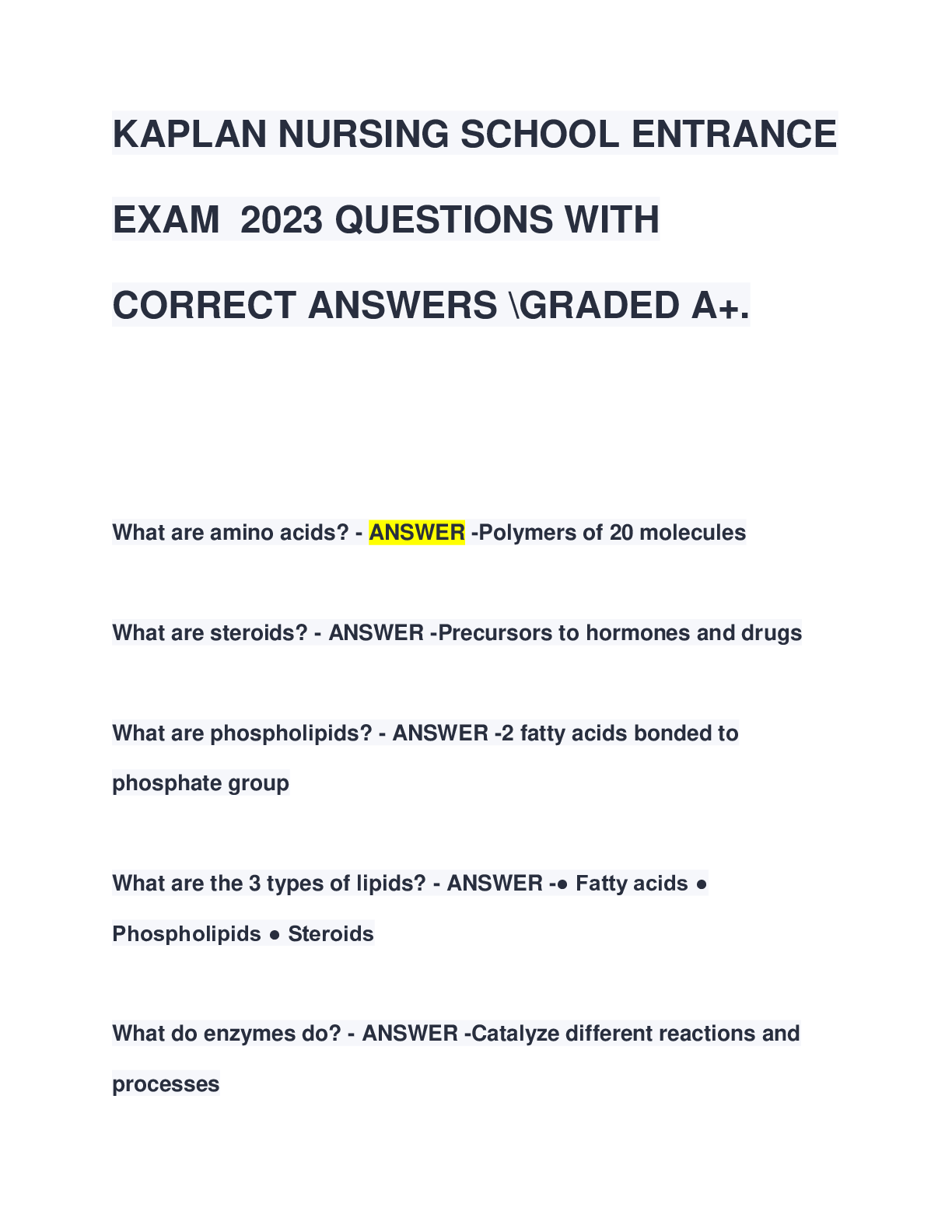 KAPLAN NURSING SCHOOL ENTRANCE EXAM 2023 QUESTIONS WITH CORRECT ANSWERS