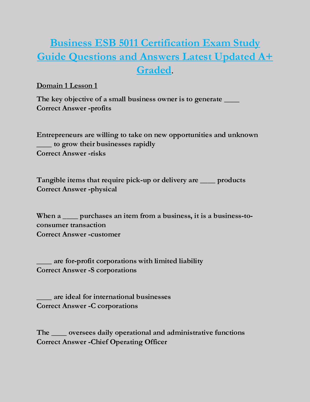 Preview of Business ESB 5011 Certification Exam Study  Guide Questions and Answers Latest Updated A+