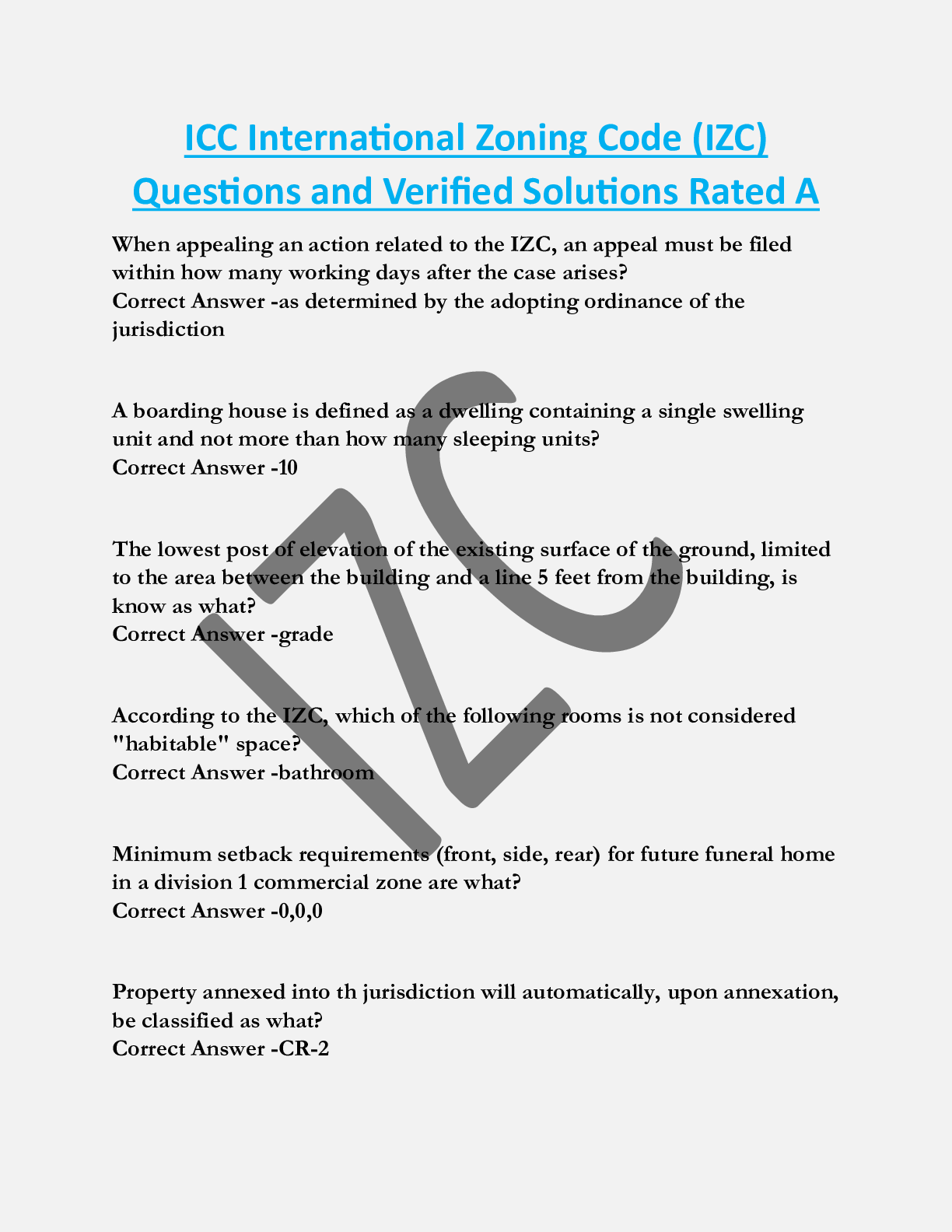 Preview of ICC International Zoning Code (IZC)  Questions and Verified Solutions Rated A