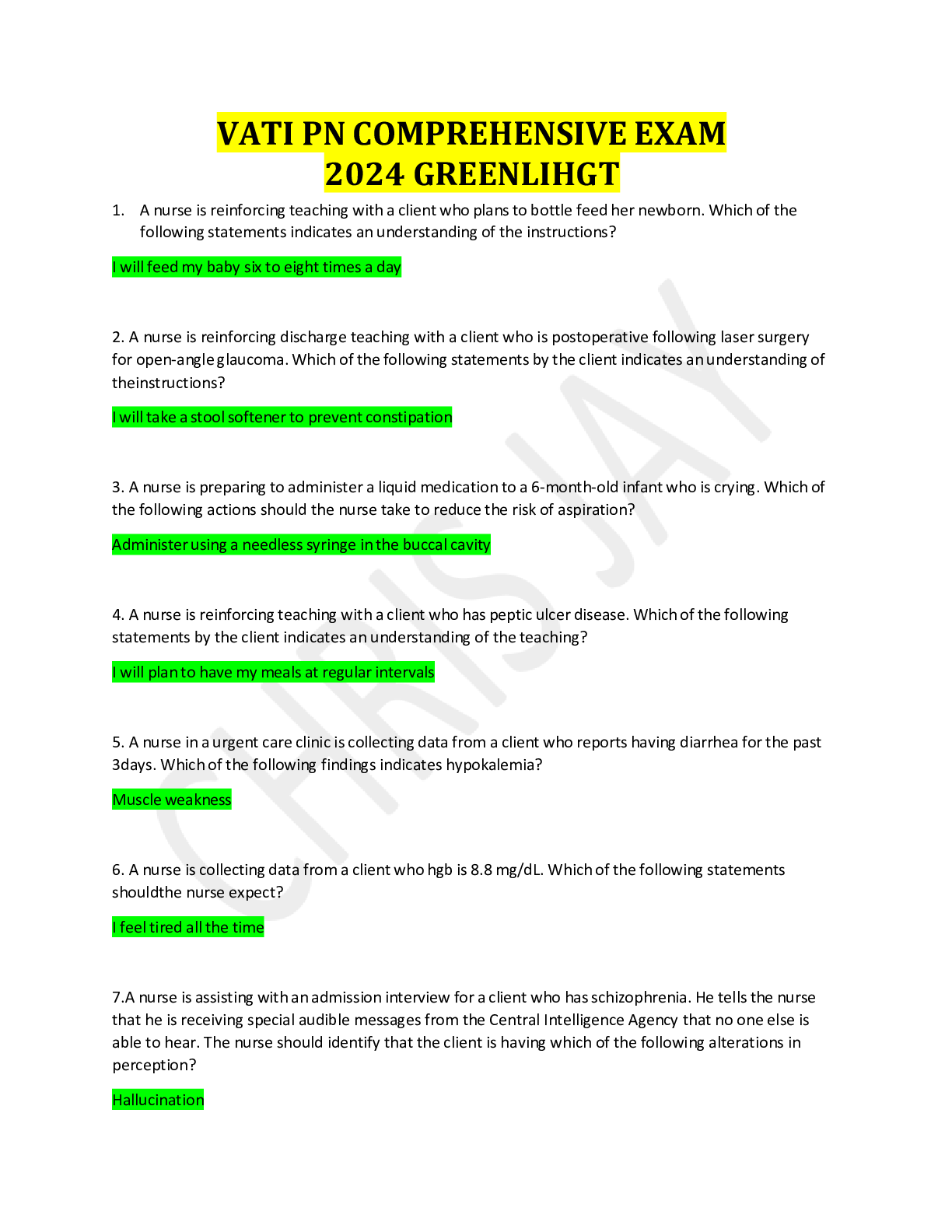 Preview image for VATI PN COMPREHENSIVE EXAM 2024 GREENLIHGT