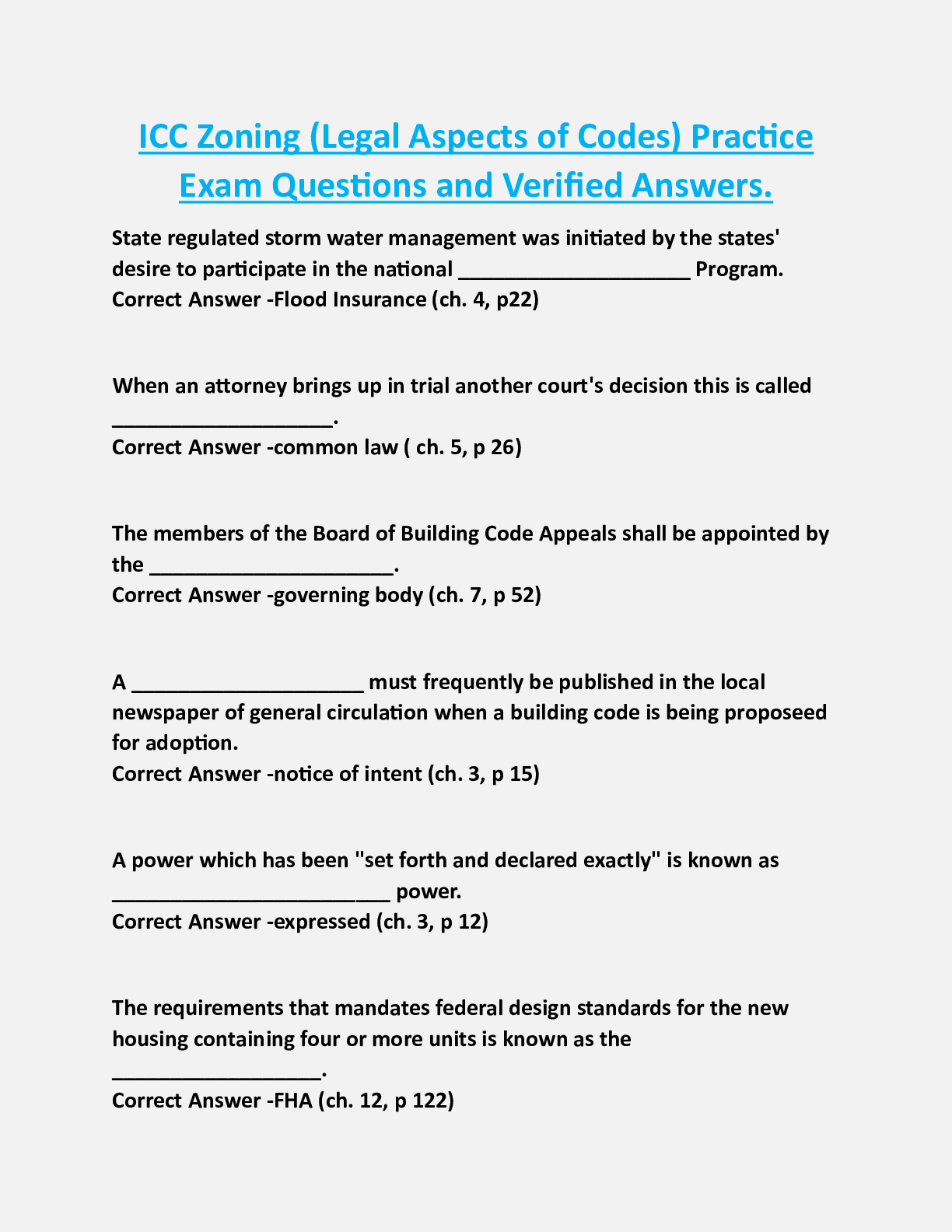 Preview of ICC Zoning (Legal Aspects of Codes) Practice  Exam Questions and Verified Answers.