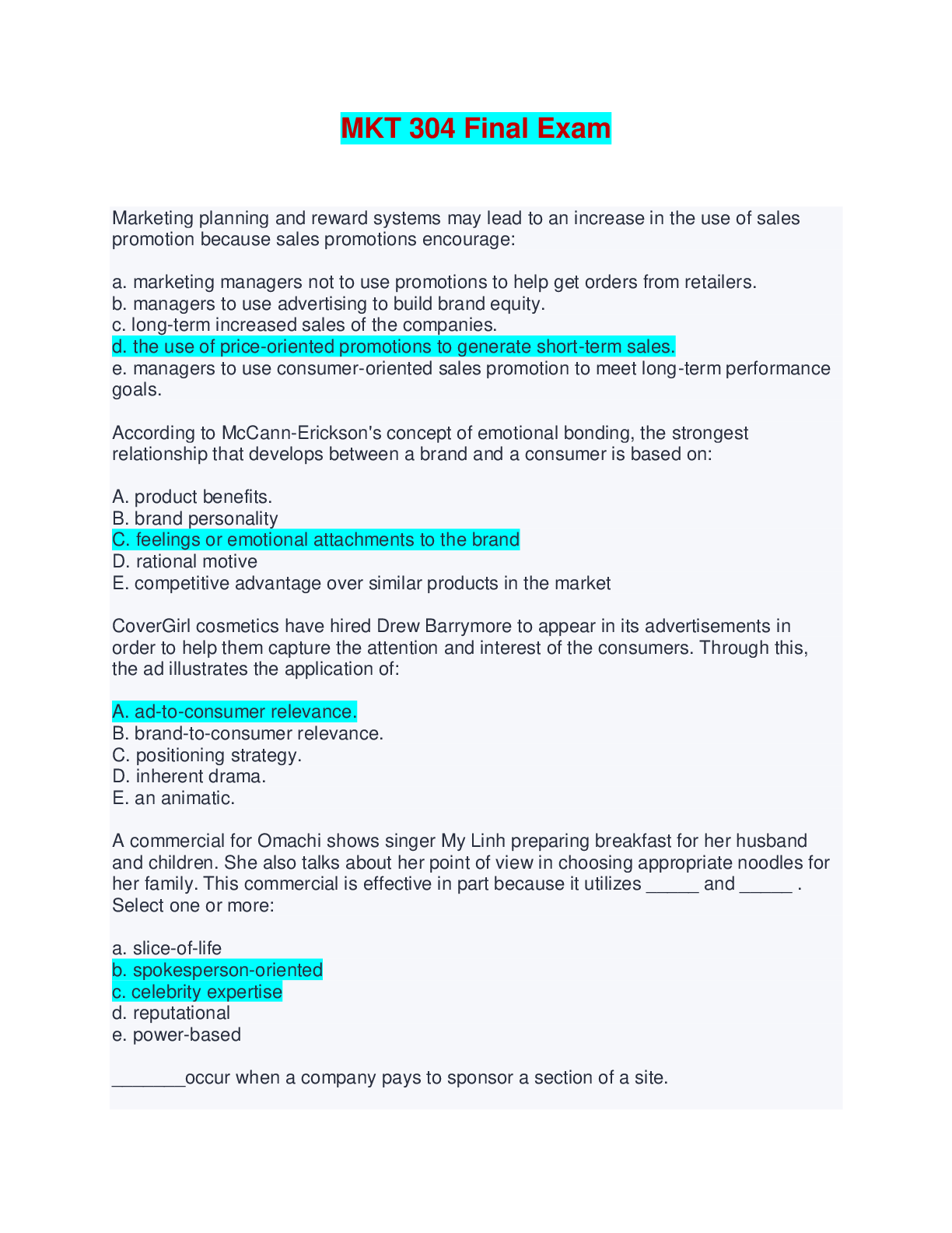 Preview image for MKT 304 Final Exam | Questions and Answers (Complete Solutions)