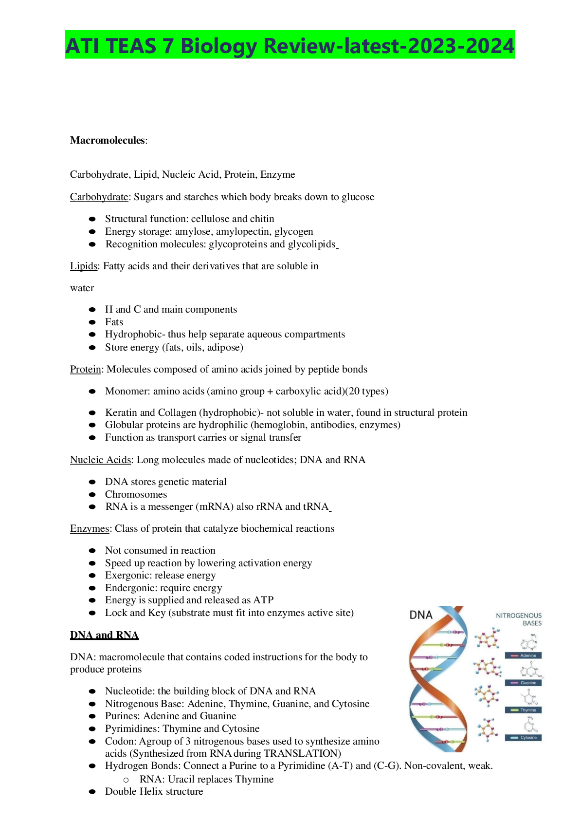 Preview image for ATI TEAS 7 Biology Review-latest-2023-2024