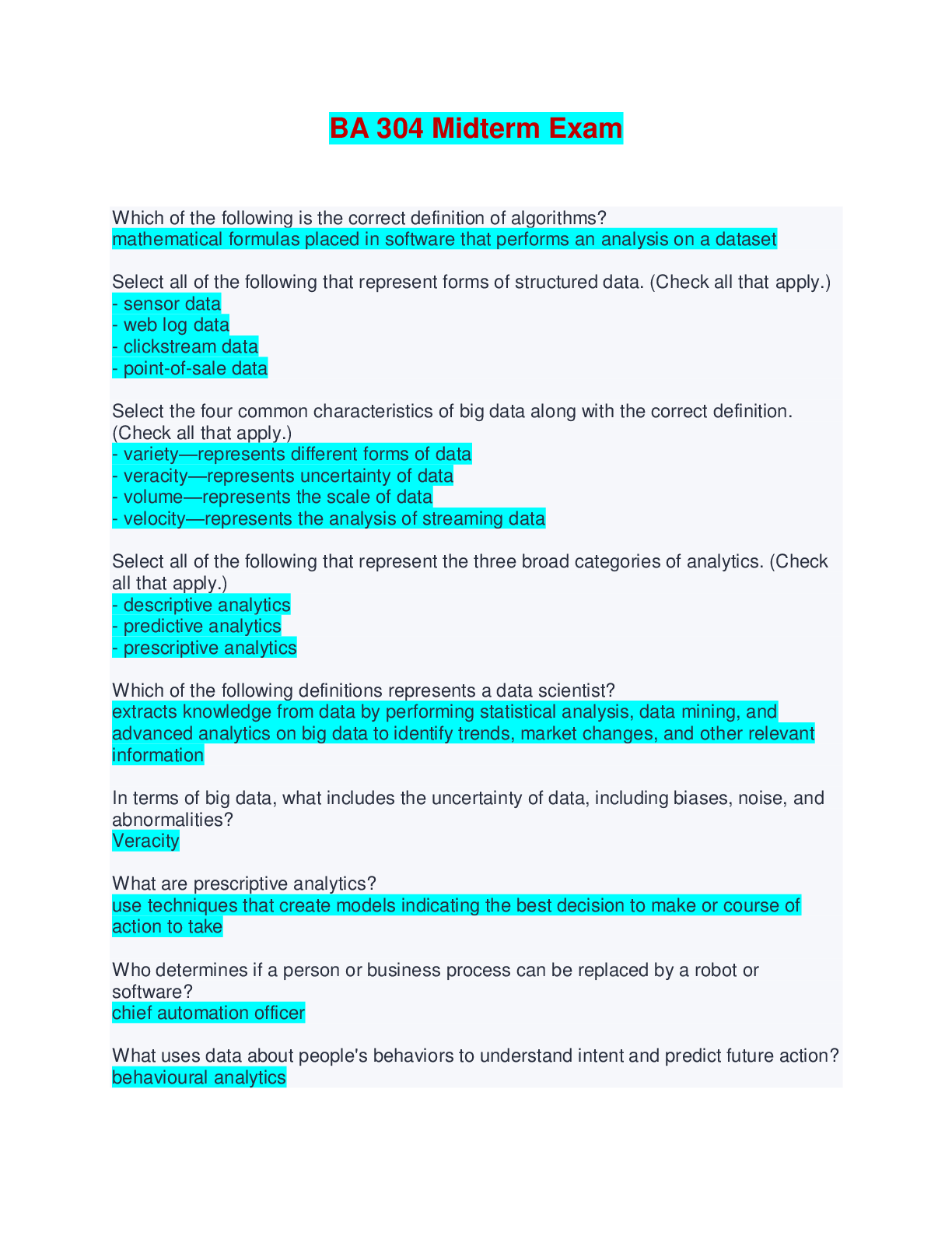 BA 304 Midterm Exam | Questions with Verified Answers