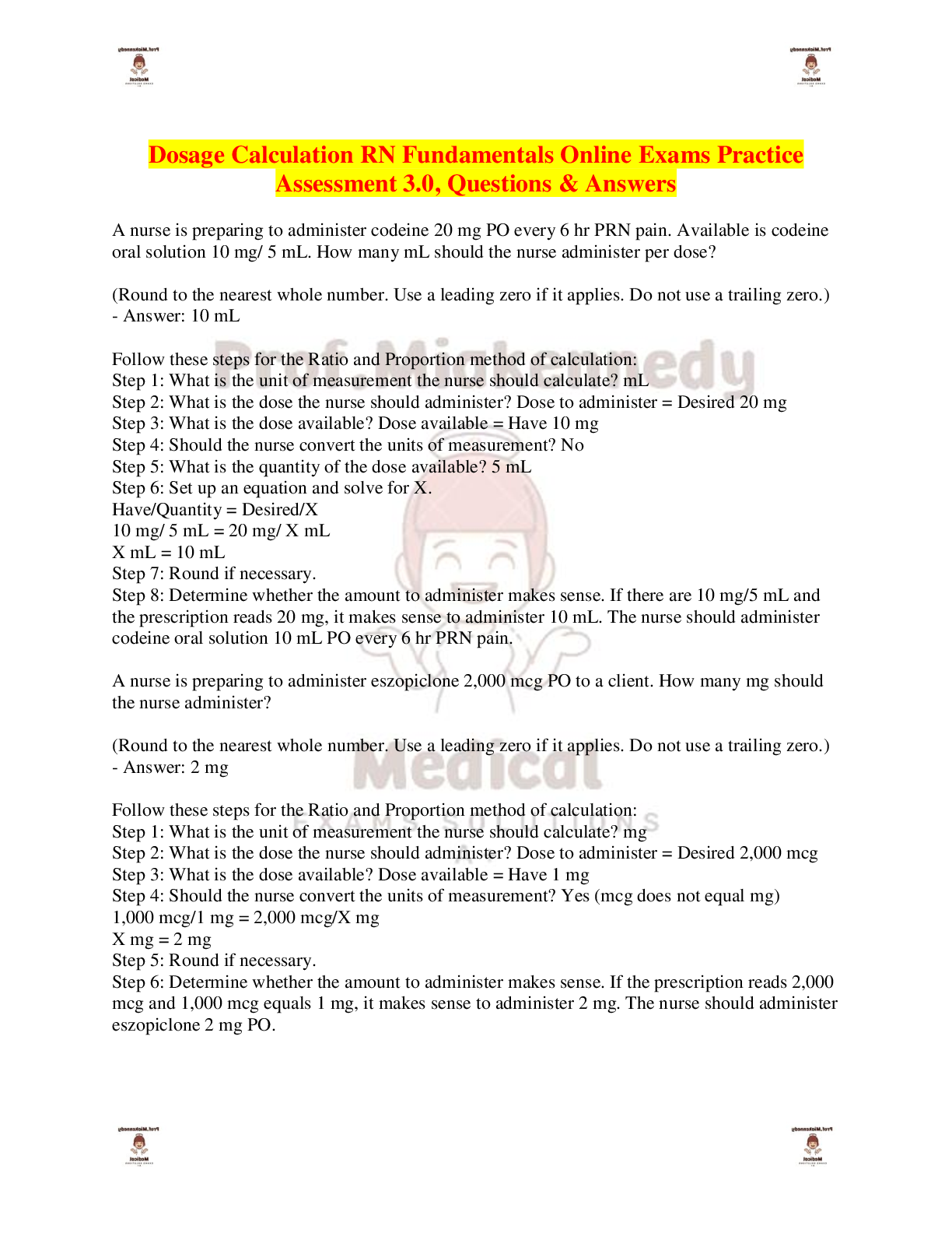 Dosage Calculation RN Fundamentals Online Exams Practice Assessment 3.0, Questions & Answers