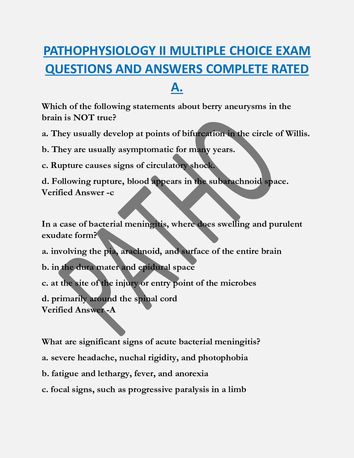 PATHOPHYSIOLOGY II MULTIPLE CHOICE EXAM  QUESTIONS AND ANSWERS COMPLETE RATED  A.