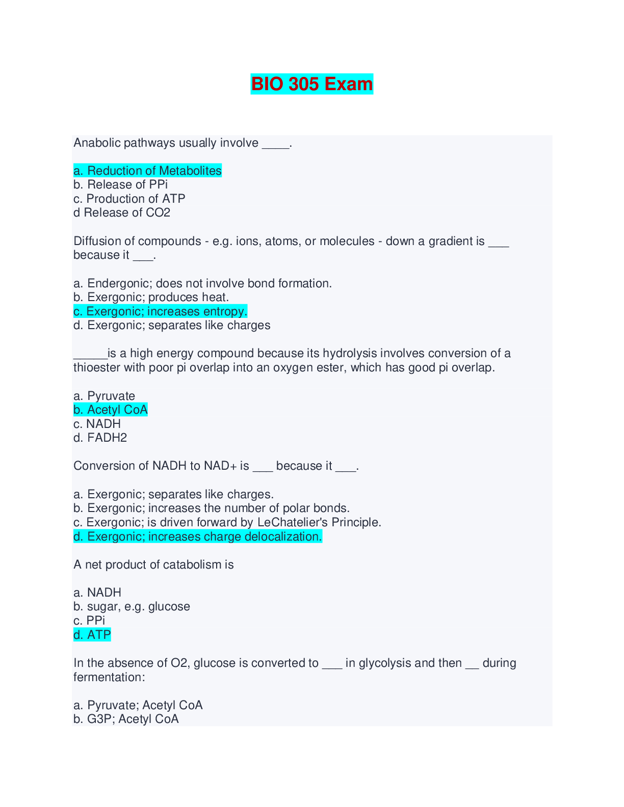 Preview of BIO 305 Exam | Questions and Answers (Complete Solutions)