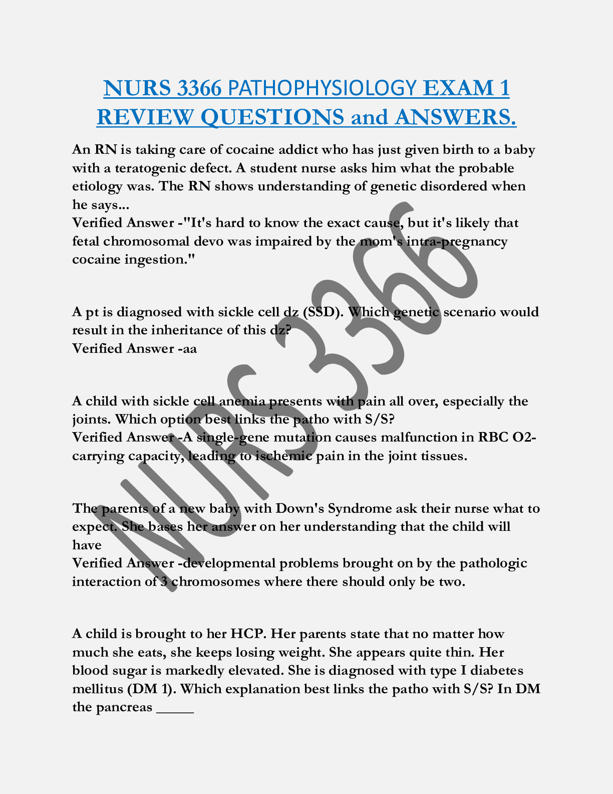 NURS 3366 PATHOPHYSIOLOGY EXAM 1  REVIEW QUESTIONS and ANSWERS.