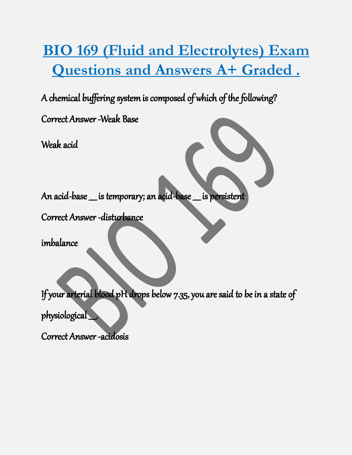 Preview of BIO 169 (Fluid and Electrolytes) Exam  Questions and Answers A+ Graded .
