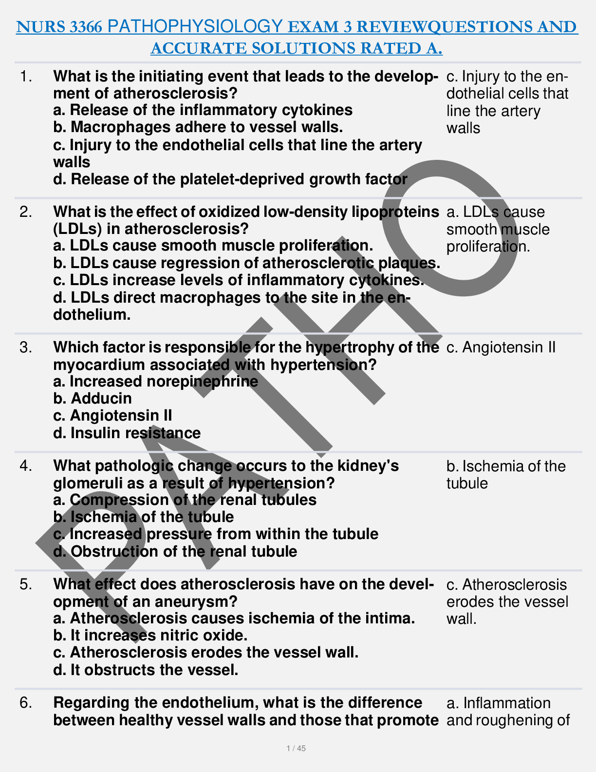NURS 3366 PATHOPHYSIOLOGY EXAM 3 REVIEWQUESTIONS AND  ACCURATE SOLUTIONS RATED A.