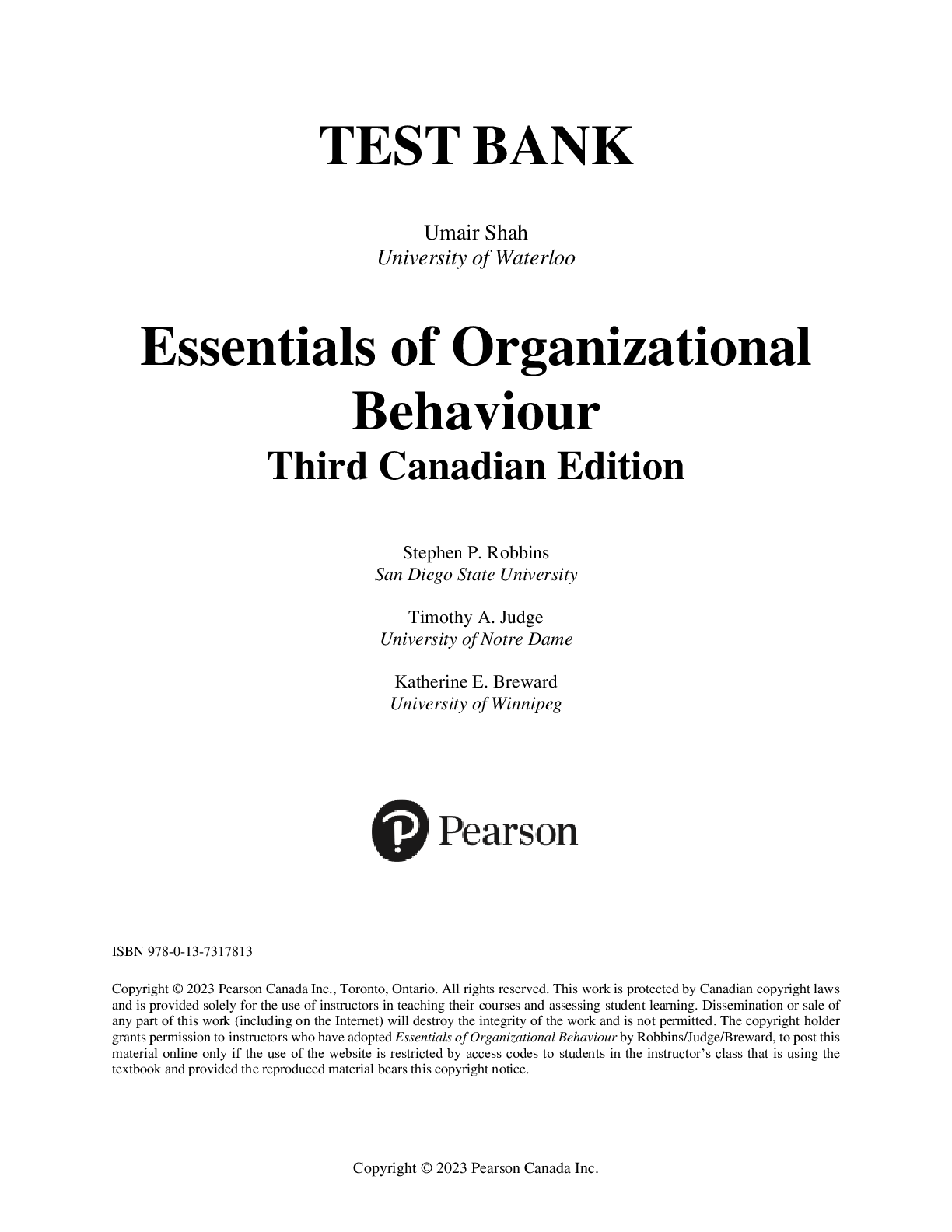 Preview image for TESTBANK For Essentials of Organizational Behaviour Third Canadian Edition