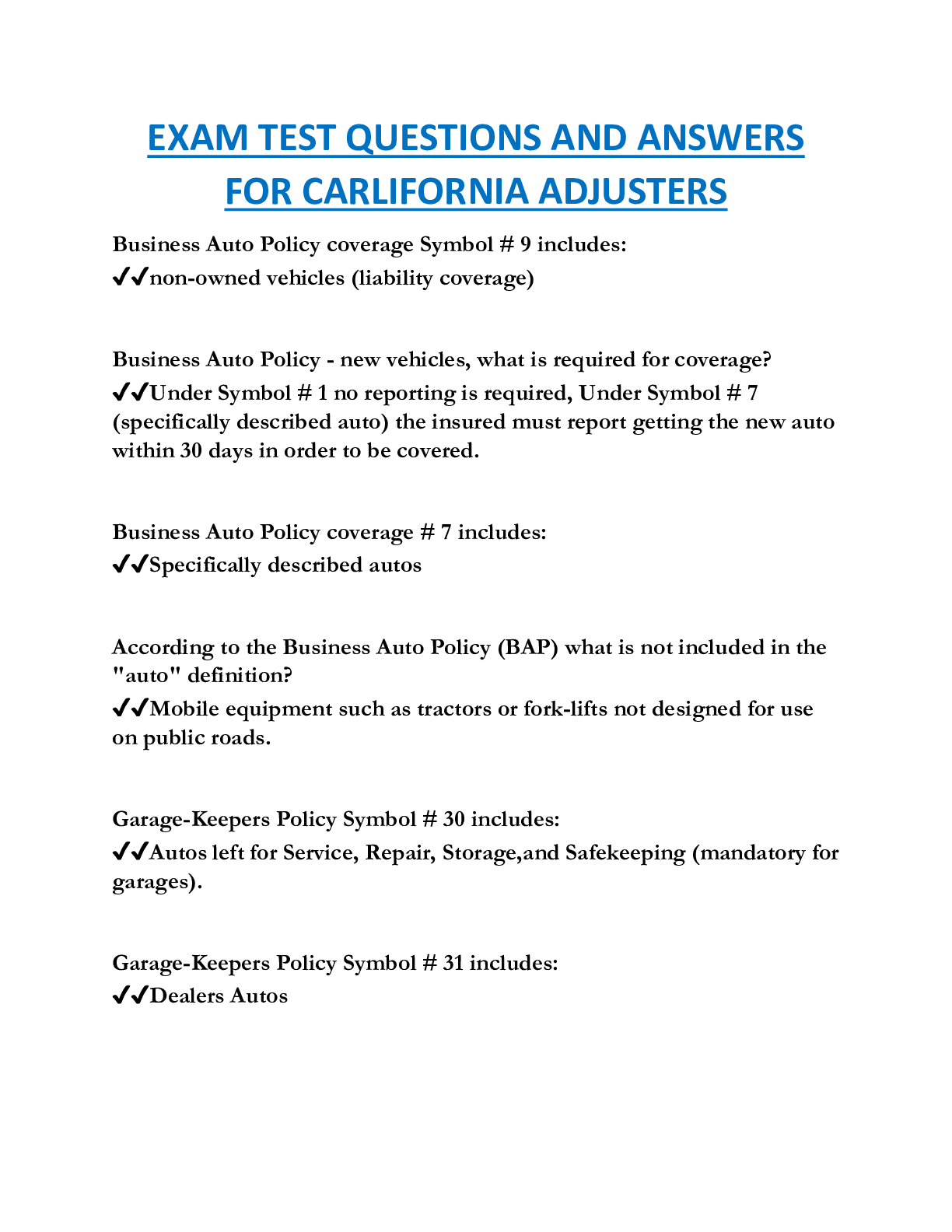 EXAM TEST QUESTIONS AND ANSWERS  FOR CARLIFORNIA ADJUSTERS