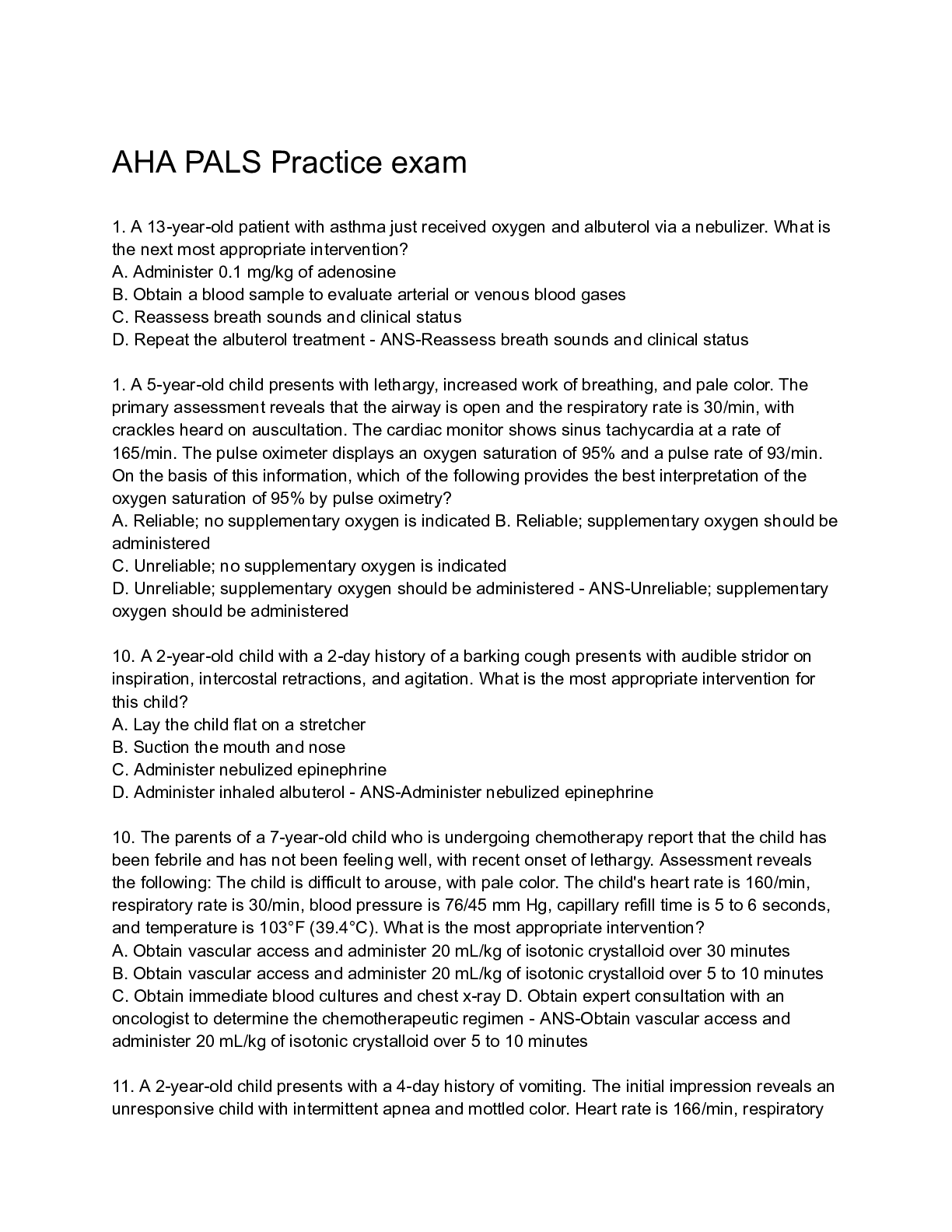 Preview image for AHA PALS Practice exam
