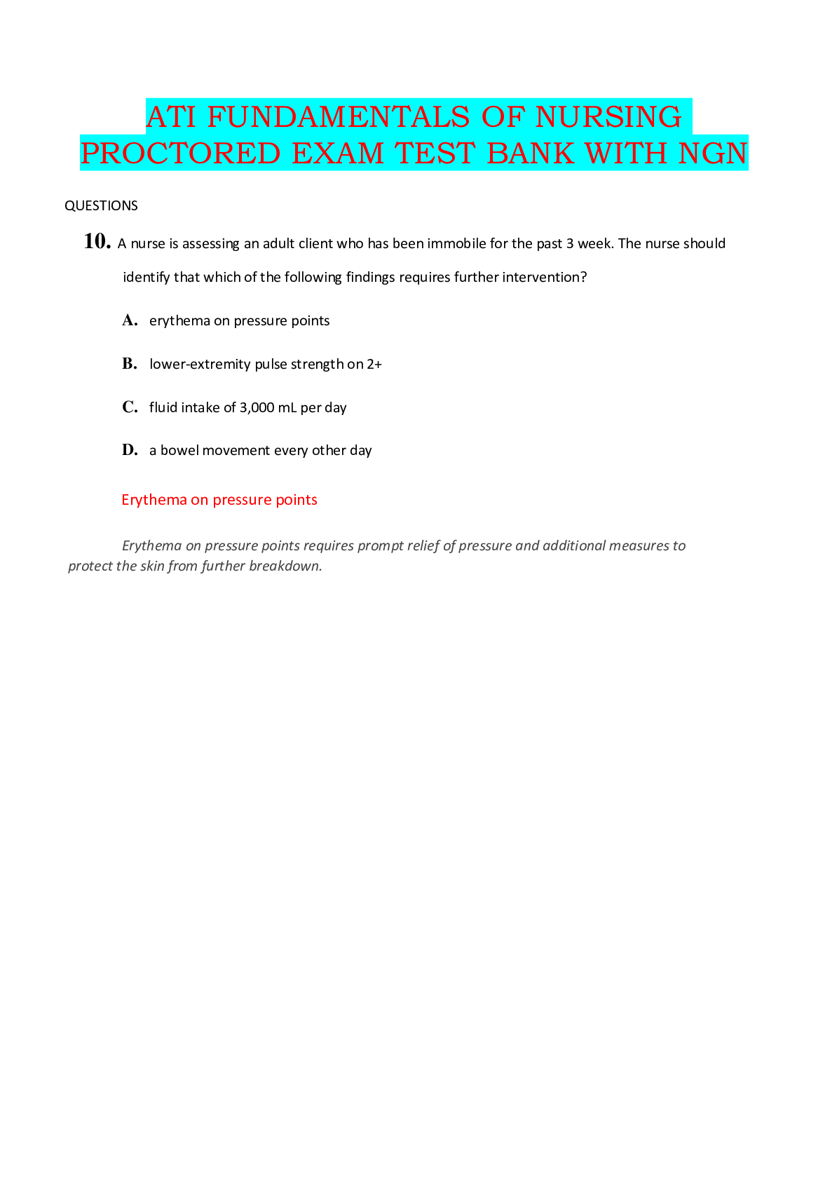 Preview image for ATI FUNDAMENTALS OF NURSING PROCTORED EXAM TEST BANK WITH NGN