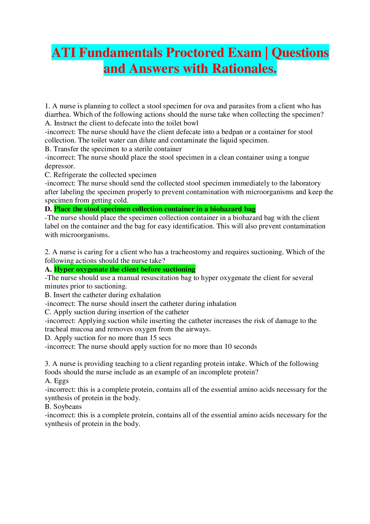 Preview image for ATI Fundamentals Proctored Exam Questions and Answers with Rationales.