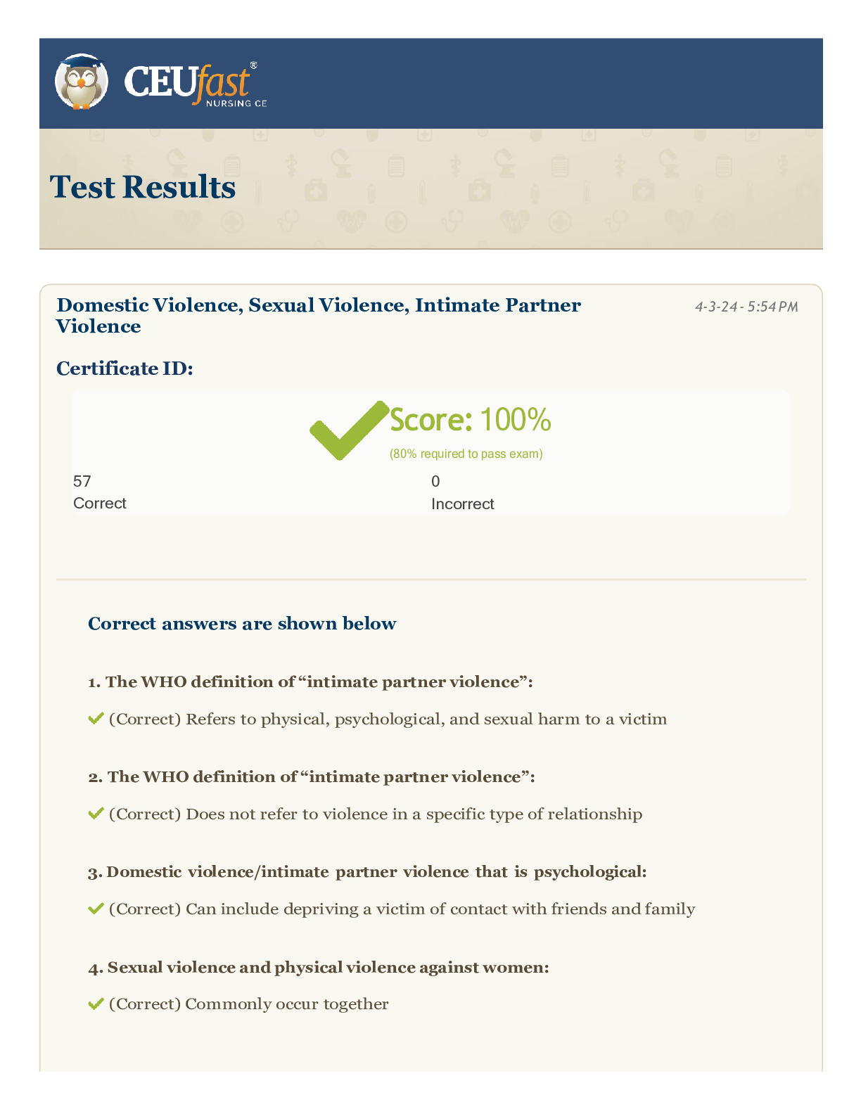 Preview image for CEUFast - Test Results_ Domestic Violence, Sexual Violence, Intimate Partner Violence- New Generation 2024