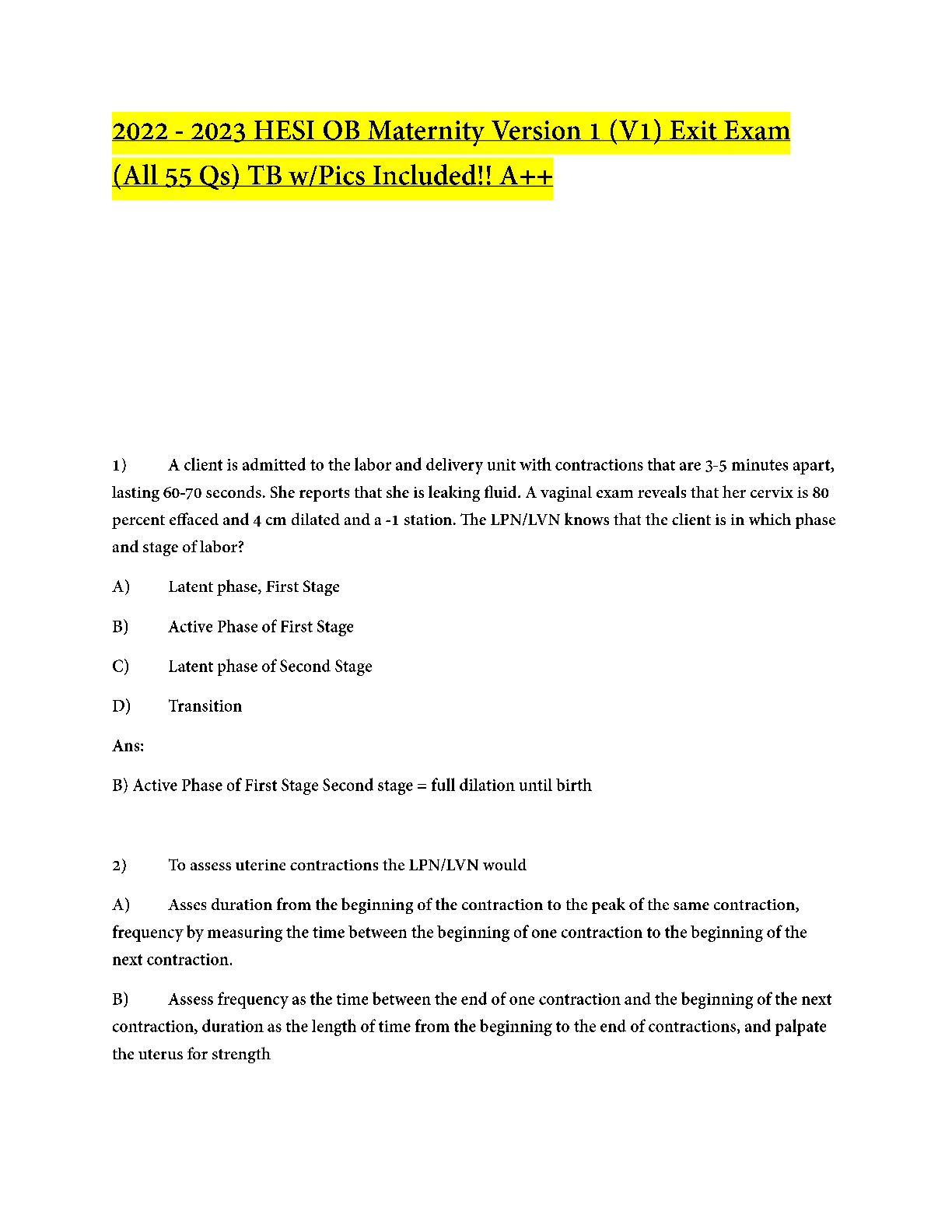 Preview image for 2022 - 2023 HESI OB Maternity Version 1 (V1) Exit Exam (All 55 Qs) TB w/Pics Included!! A++