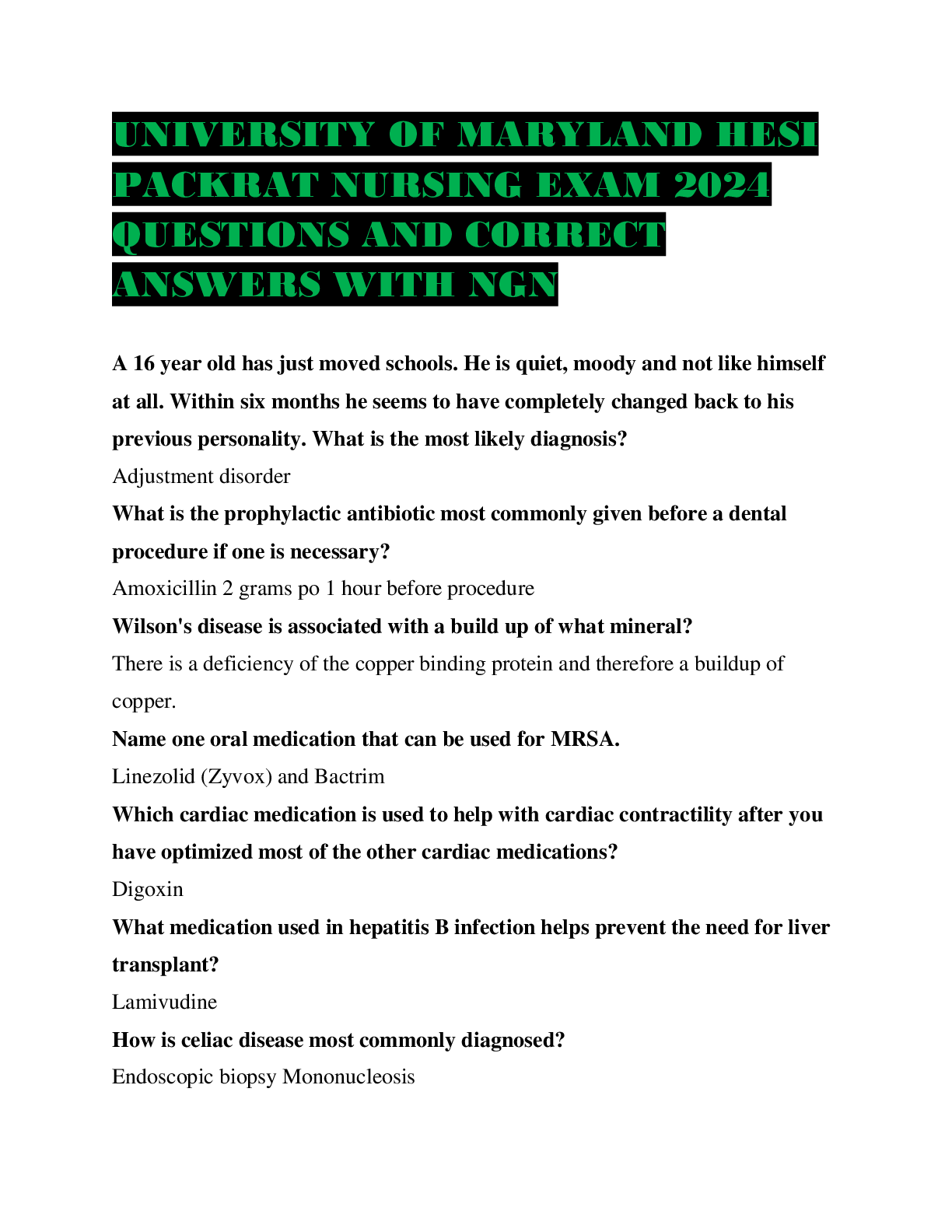 Preview image for UNIVERSITY OF MARYLAND HESI PACKRAT NURSING EXAM 2024 QUESTIONS AND CORRECT ANSWERS WITH NGN
