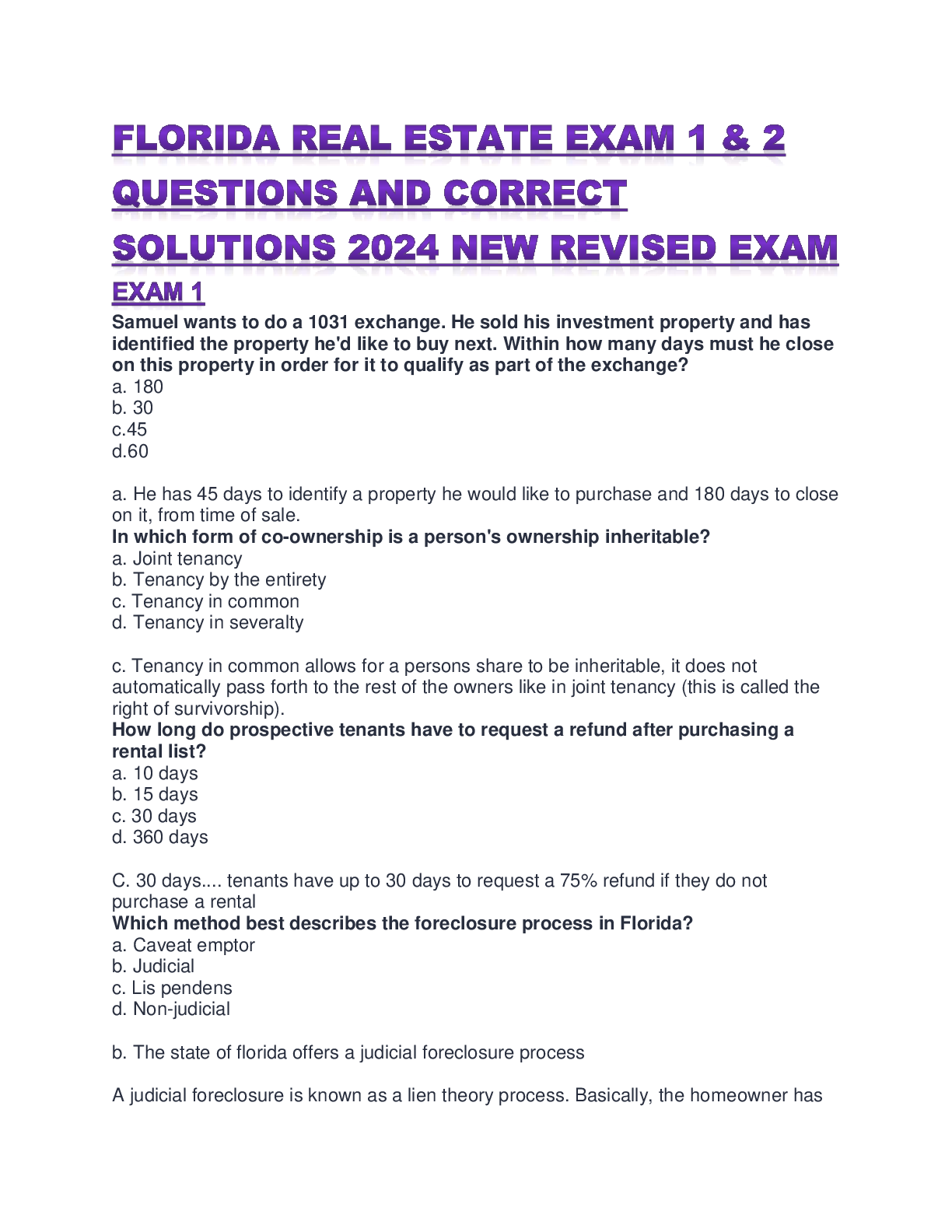 Preview image for FLORIDA REAL ESTATE EXAM 1 & 2 QUESTIONS AND CORRECT SOLUTIONS 2024 NEW REVISED EXAM