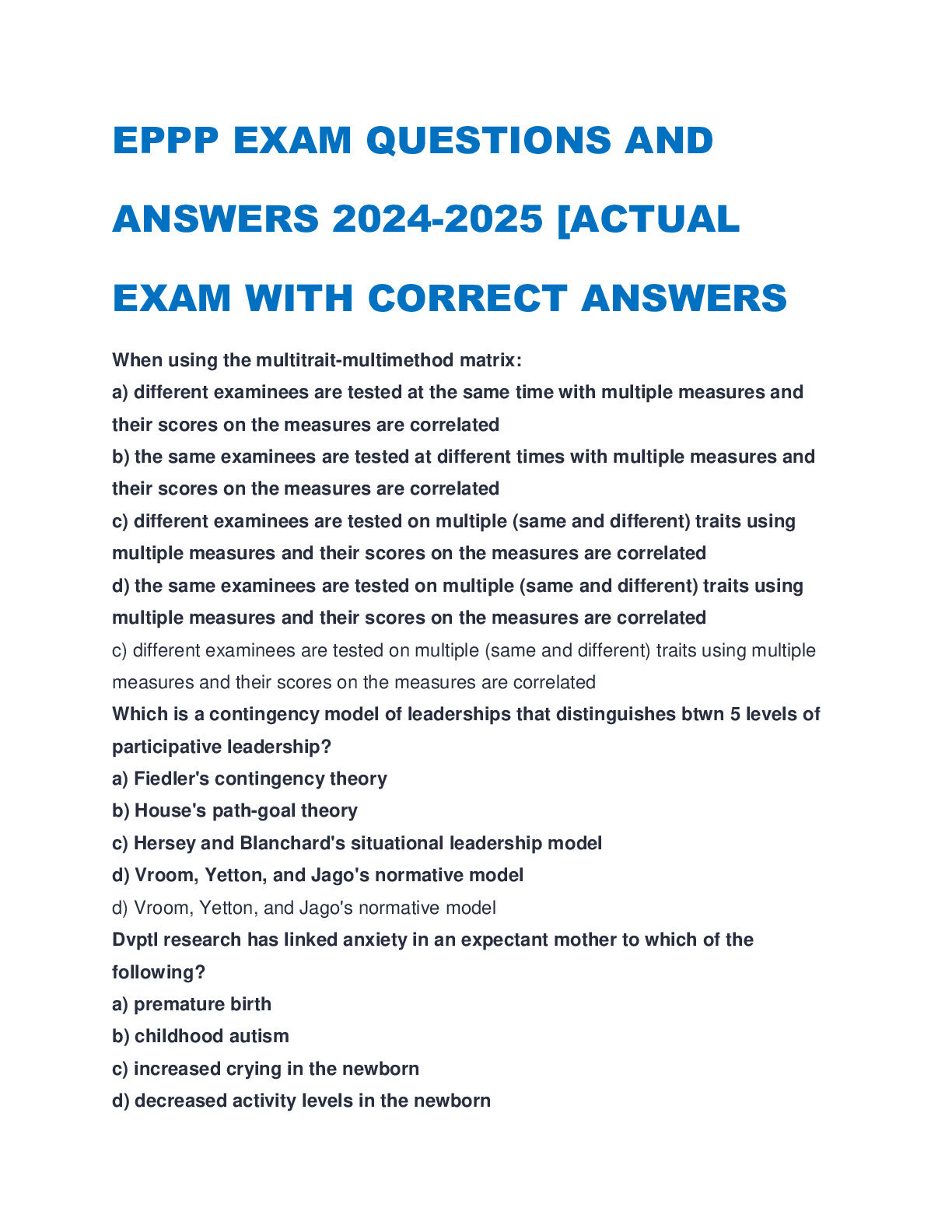 Preview image for EPPP EXAM  QUESTIONS AND ANSWERS 2024-2025 [ACTUAL EXAM WITH CORRECT ANSWERS