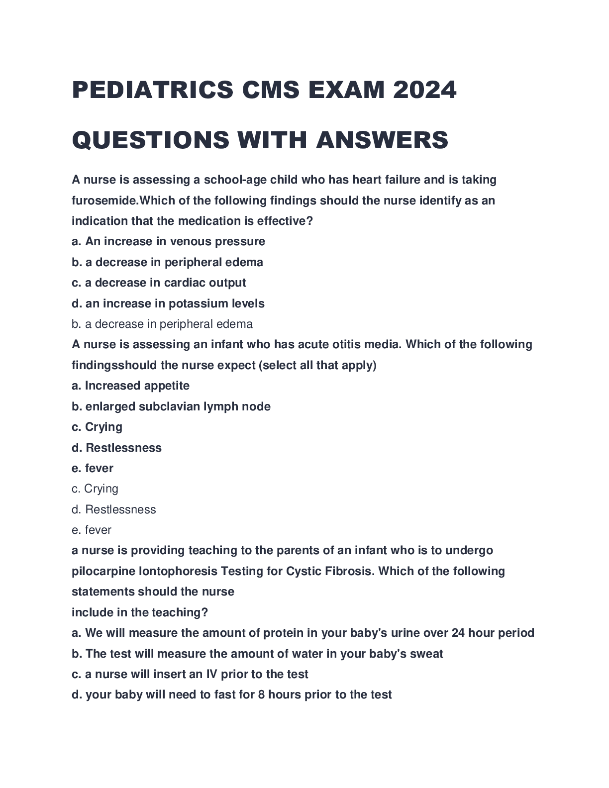 Preview image for PEDIATRICS CMS EXAM 2024 QUESTIONS WITH ANSWERS