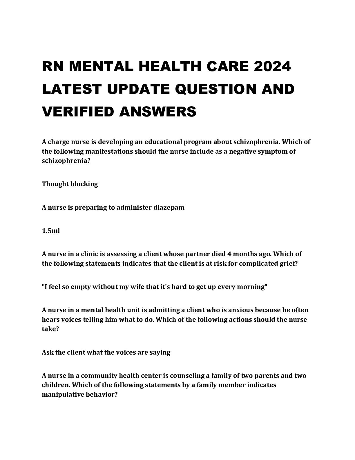 Preview image for RN MENTAL HEALTH CARE 2024 LATEST UPDATE QUESTION AND VERIFIED ANSWERS