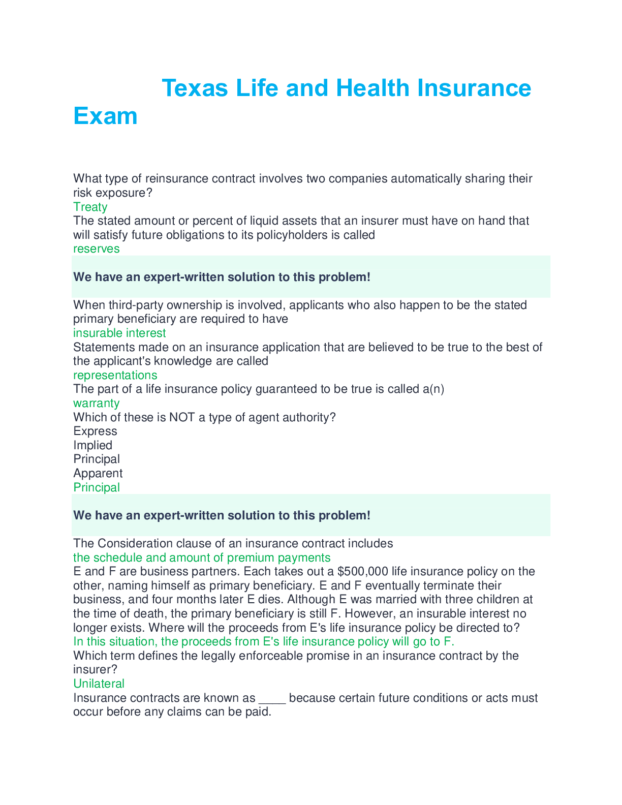 Preview of Texas Life and Health Insurance Exam questions and answers 100% complete solution 2024/ 20