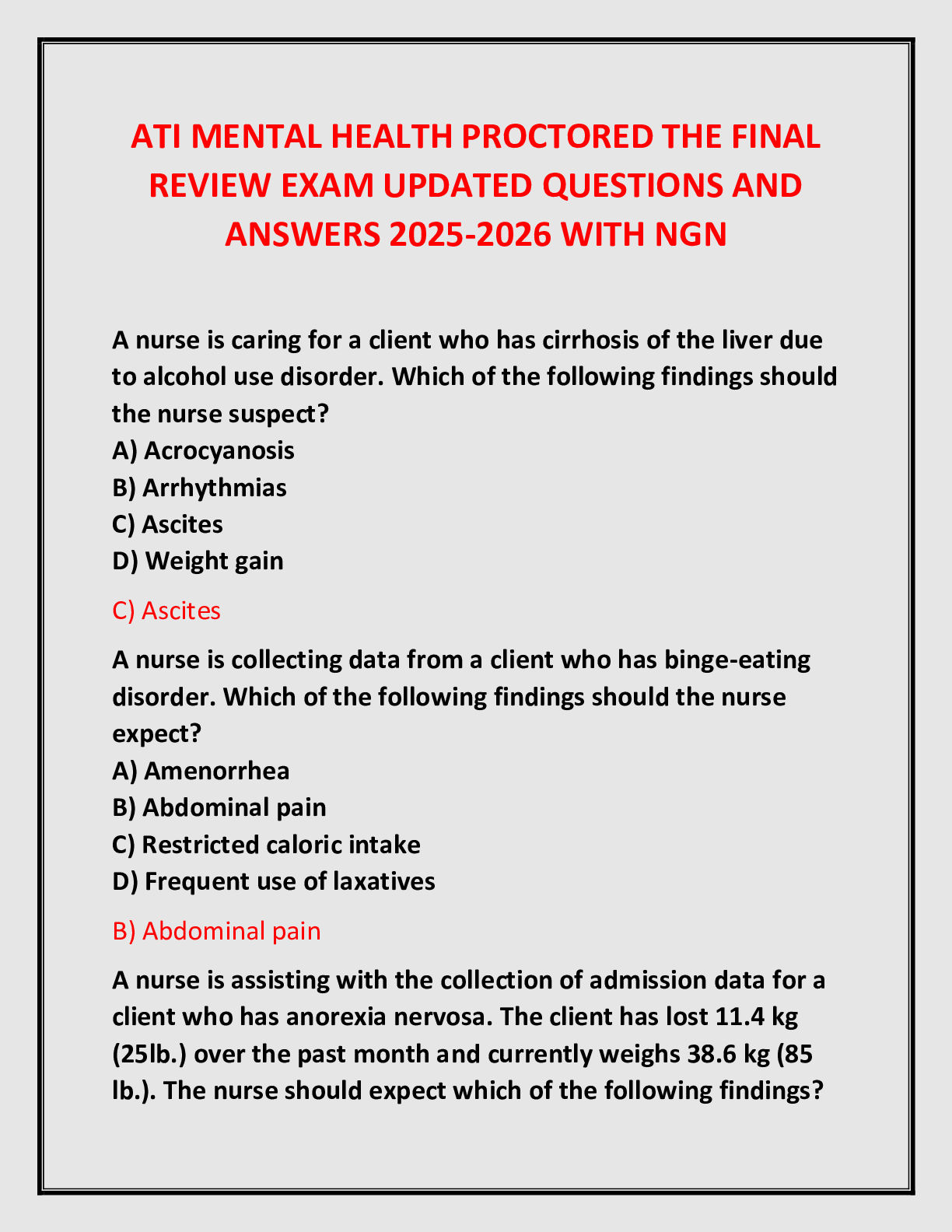 Preview image for ATI MENTAL HEALTH PROCTORED THE FINAL  REVIEW EXAM UPDATED QUESTIONS AND  ANSWERS 2025-2026 WITH NGN