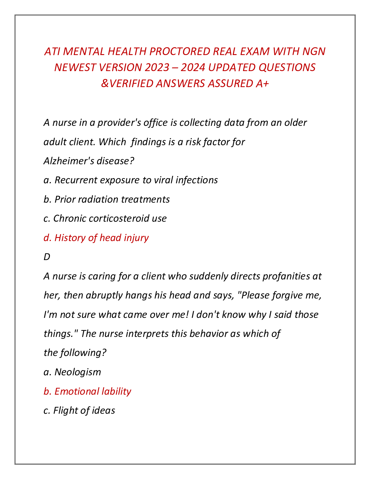 Preview image for ATI MENTAL HEALTH PROCTORED REAL EXAM WITH NGN  NEWEST VERSION 2023 – 2024 UPDATED QUESTIONS  &VERIFIED ANSWERS ASSURED A+