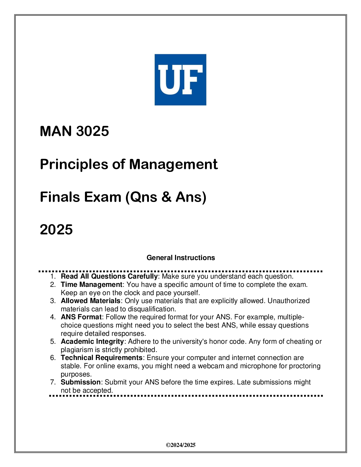 Preview image for MAN 025 Principles of Management Finals Exam (Qns & Ans) 2025 UF