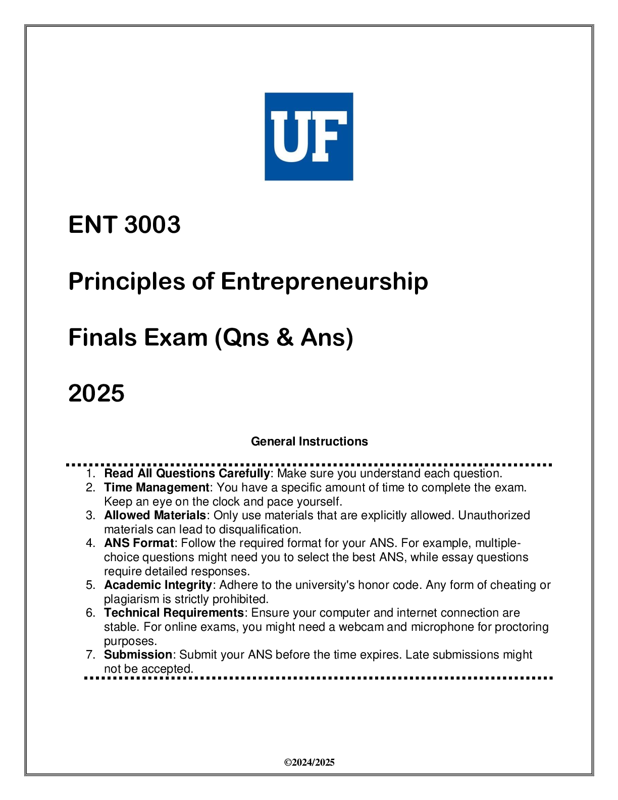Preview image for ENT 3003 Principles of Entrepreneurship Finals Exam (Qns & Ans) 2025 UF