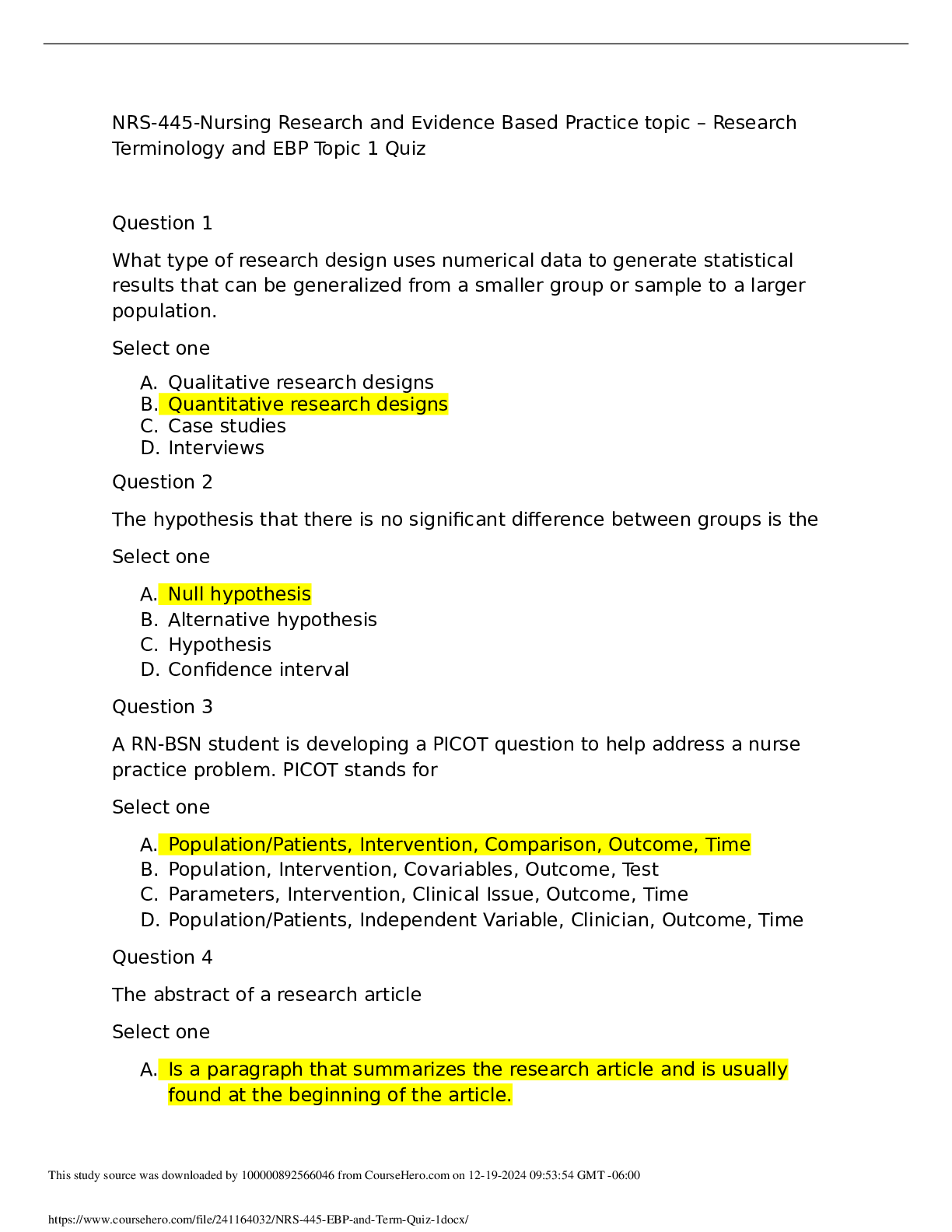 Preview image for NRS-445-Nursing Research and Evidence Based Practice topic – Research Terminology and EBP Topic 1 Quiz