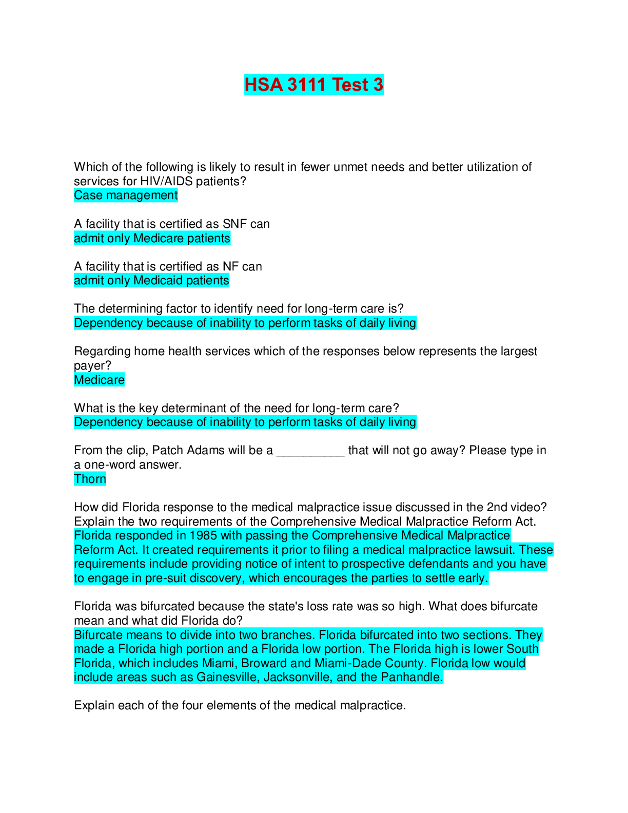 Preview of HSA 3111 Test 3 | Questions with Verified Answers