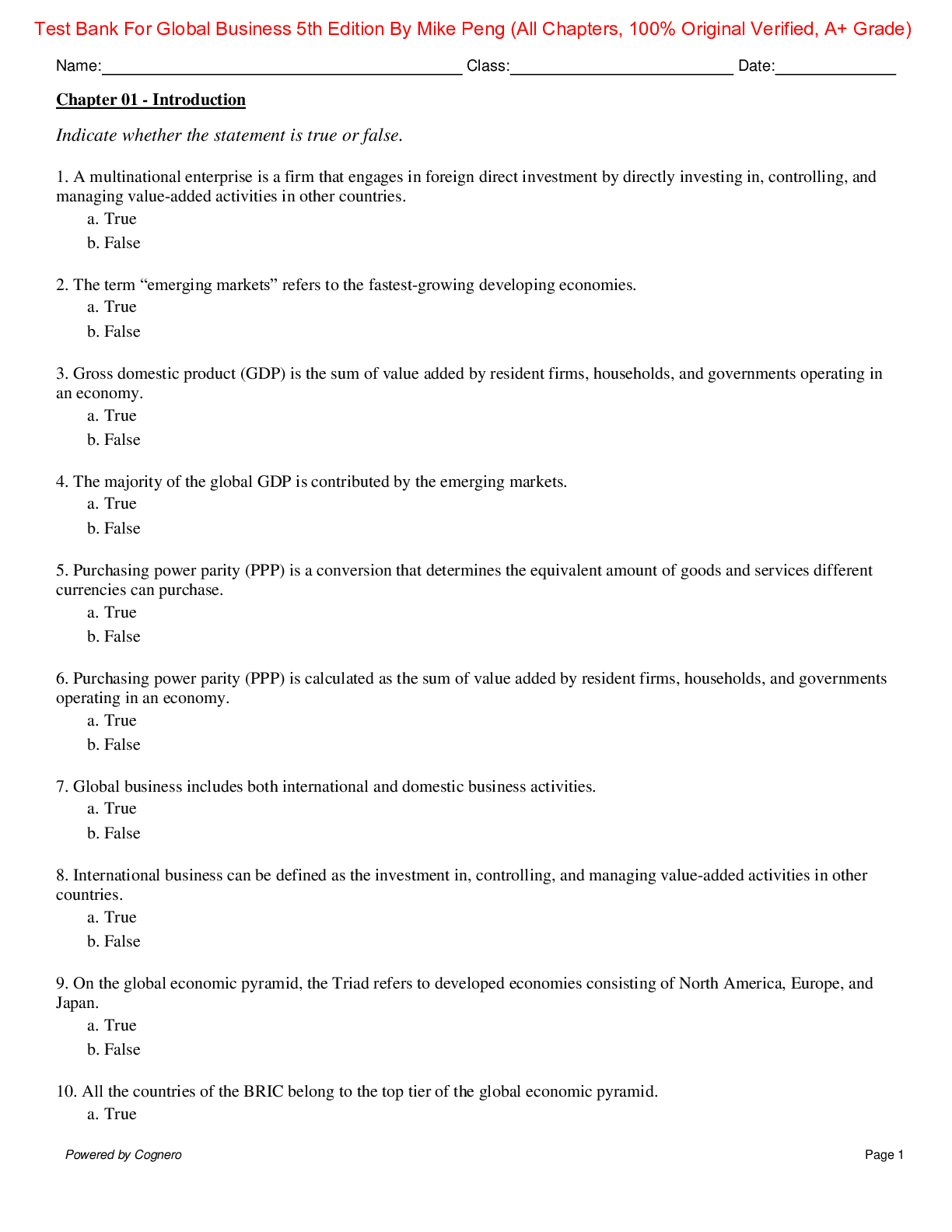 Preview of Test Bank for Global Business 5th Edition By Mike Peng (All Chapters, 100% Original Verified, A+ Grade)