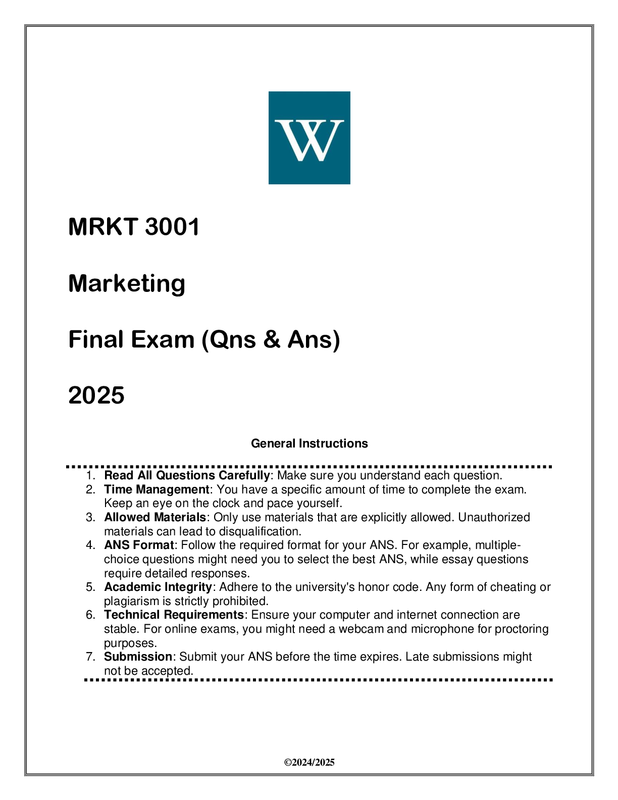 Preview image for MRKT 3001 Marketing Final Exam (Qns & Ans) 2025 WU