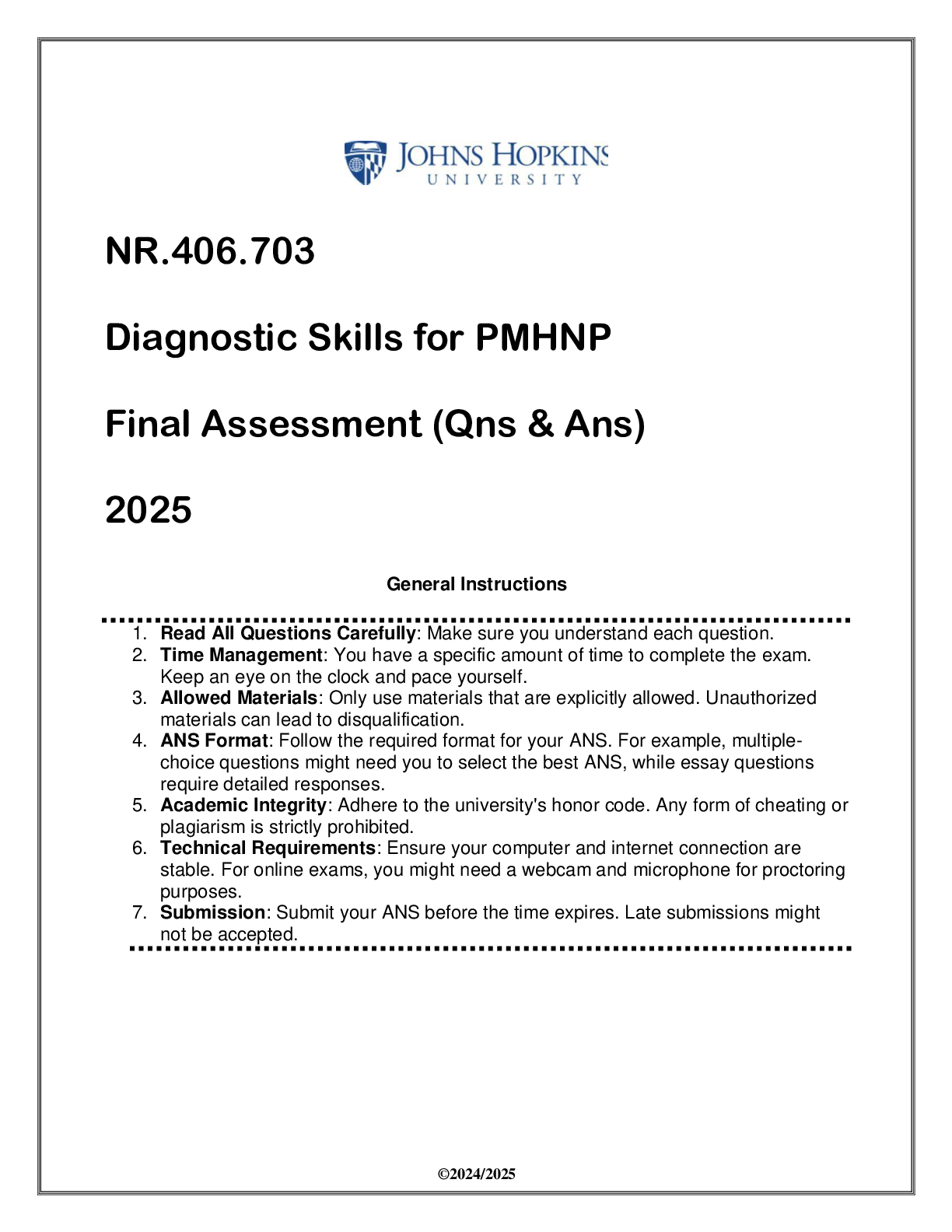 Preview image for NR.406.703 Diagnostic Skills for PMHNP Final Assessment (Qns & Ans) 2025