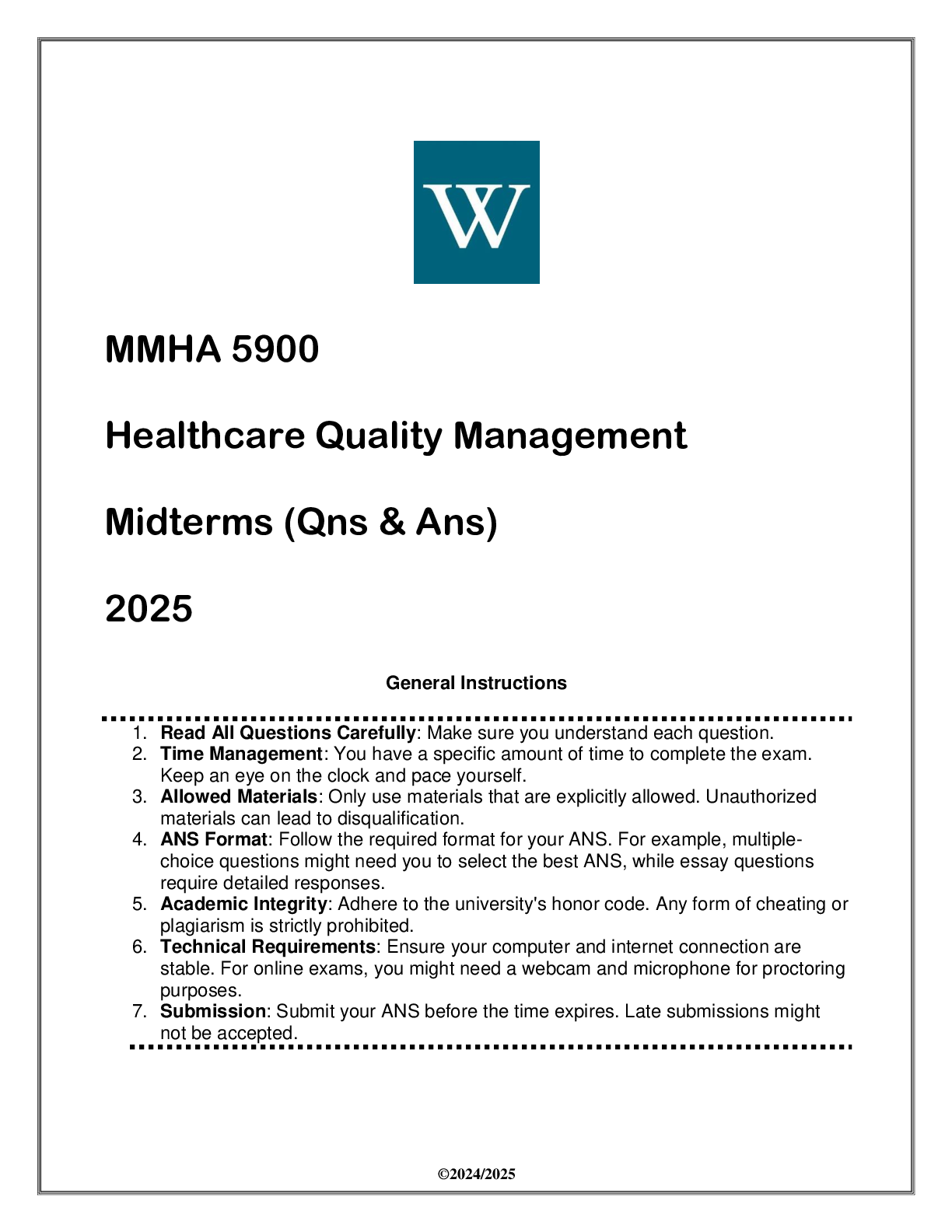 Preview image for MMHA 5900 Healthcare Quality Management Midterms (Qns & Ans) 2025 WU