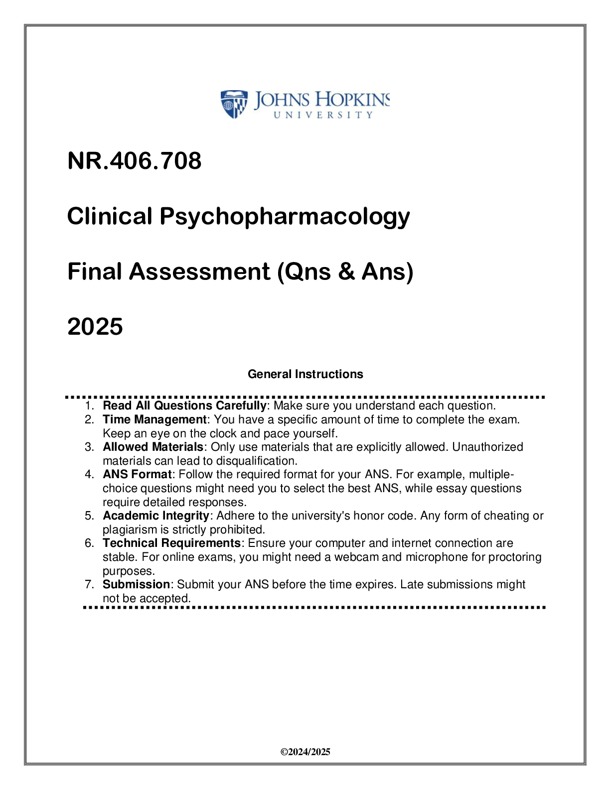 Preview image for NR.406.708 Clinical Psychopharmacology Final Assessment (Qns & Ans) 2025