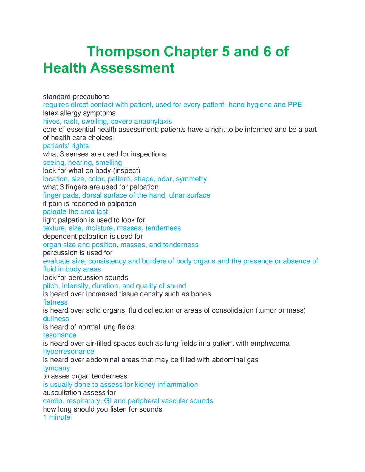 Thompson Chapter 5 and 6 of Health Assessment questions and answers completely correct 100% 2025