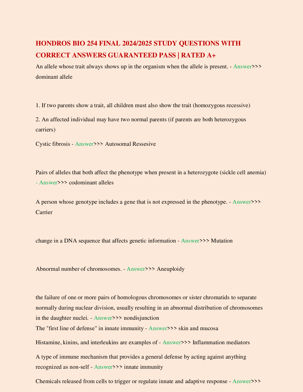 HONDROS BIO 254 FINAL 2024/2025 STUDY QUESTIONS WITH CORRECT ANSWERS GUARANTEED PASS | RATED A+