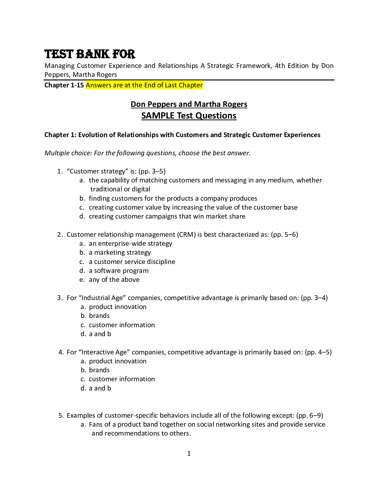 Preview of Test Bank For Managing Customer Experience and Relationships A Strategic Framework, 4th Edition by Don Peppers, Martha Rogers Chapter 1-15