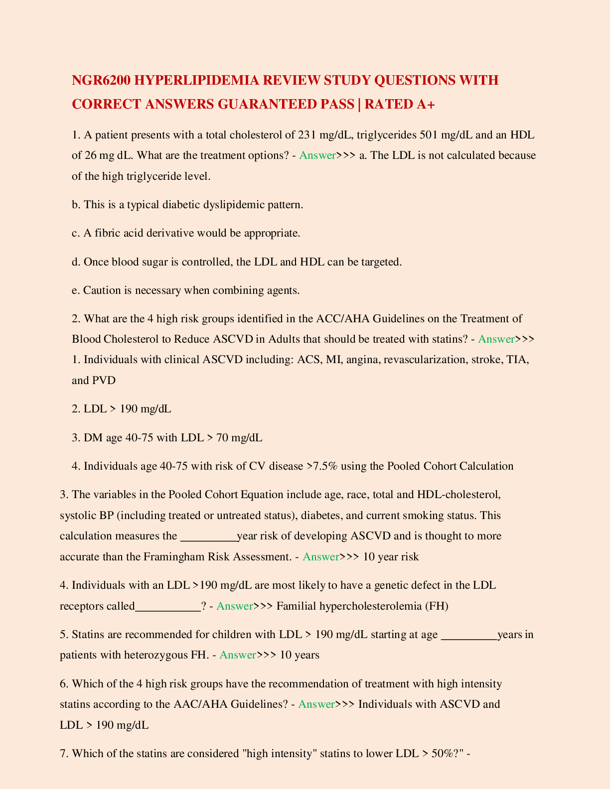 Preview of NGR6200 HYPERLIPIDEMIA REVIEW STUDY QUESTIONS WITH CORRECT ANSWERS GUARANTEED PASS | RATED A+
