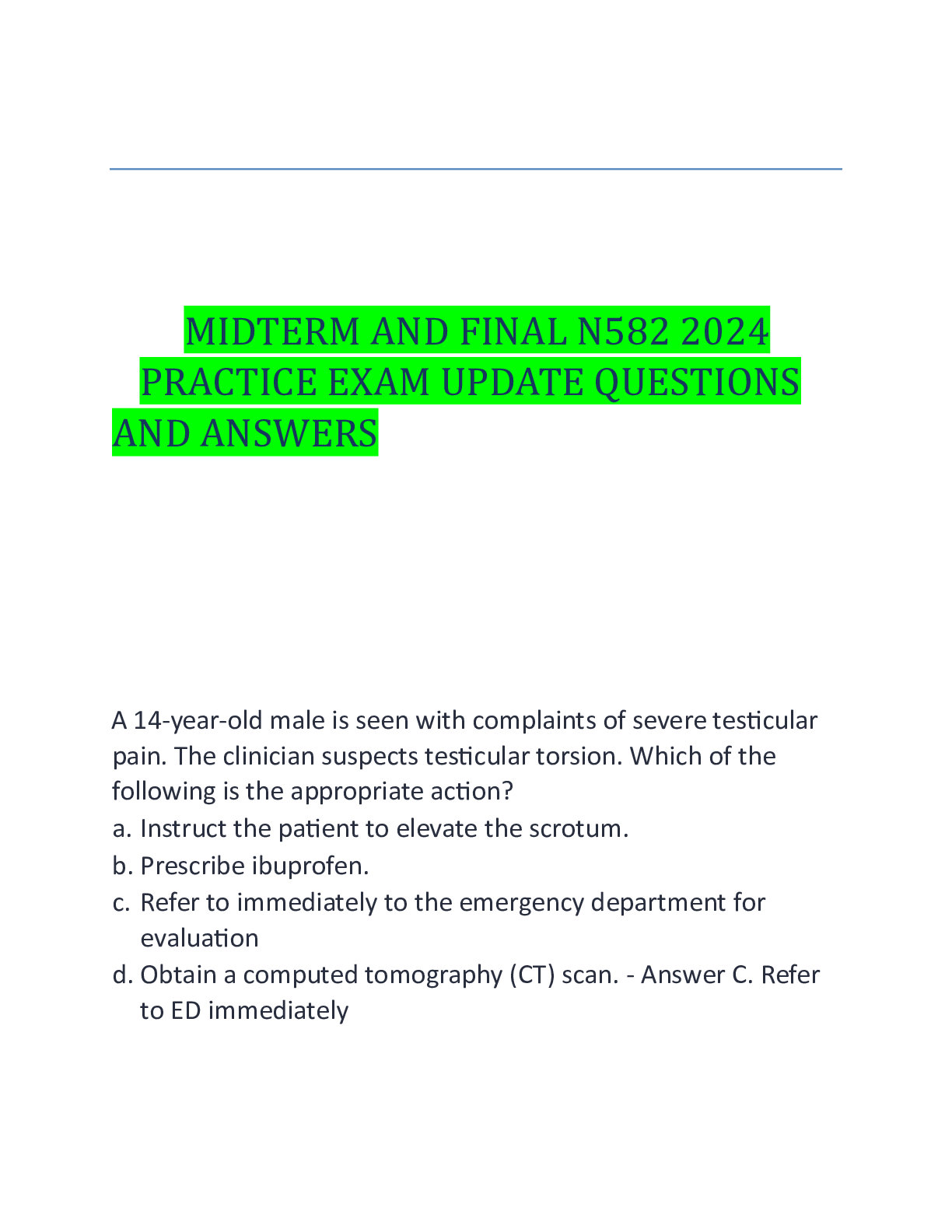 Preview image for N582 MIDTERM AND FINAL  PRACTICE EXAM QUESTIONS AND ANSWERS UPDATE 2024