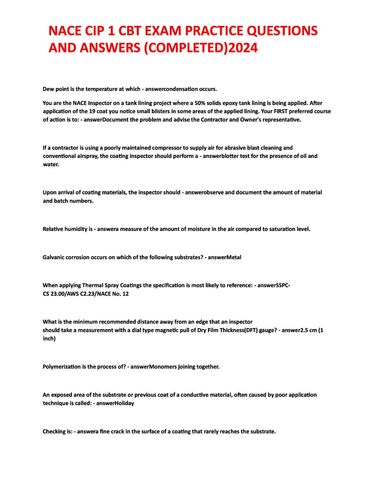 Preview image for NACE CIP 1 CBT EXAM PRACTICE QUESTIONS AND ANSWERS (COMPLETED) 2024