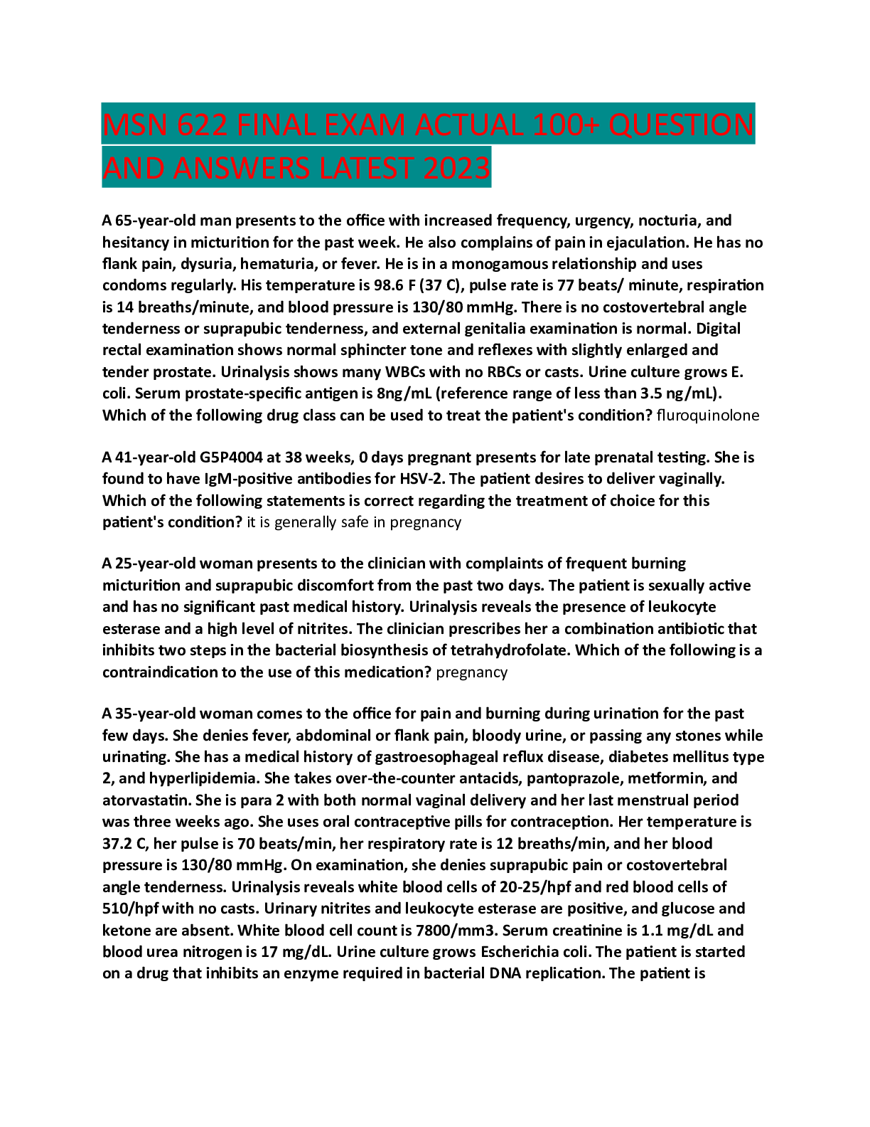 Preview image for MSN 622 FINAL EXAM ACTUAL 100+ QUESTION AND ANSWERS LATEST 2023