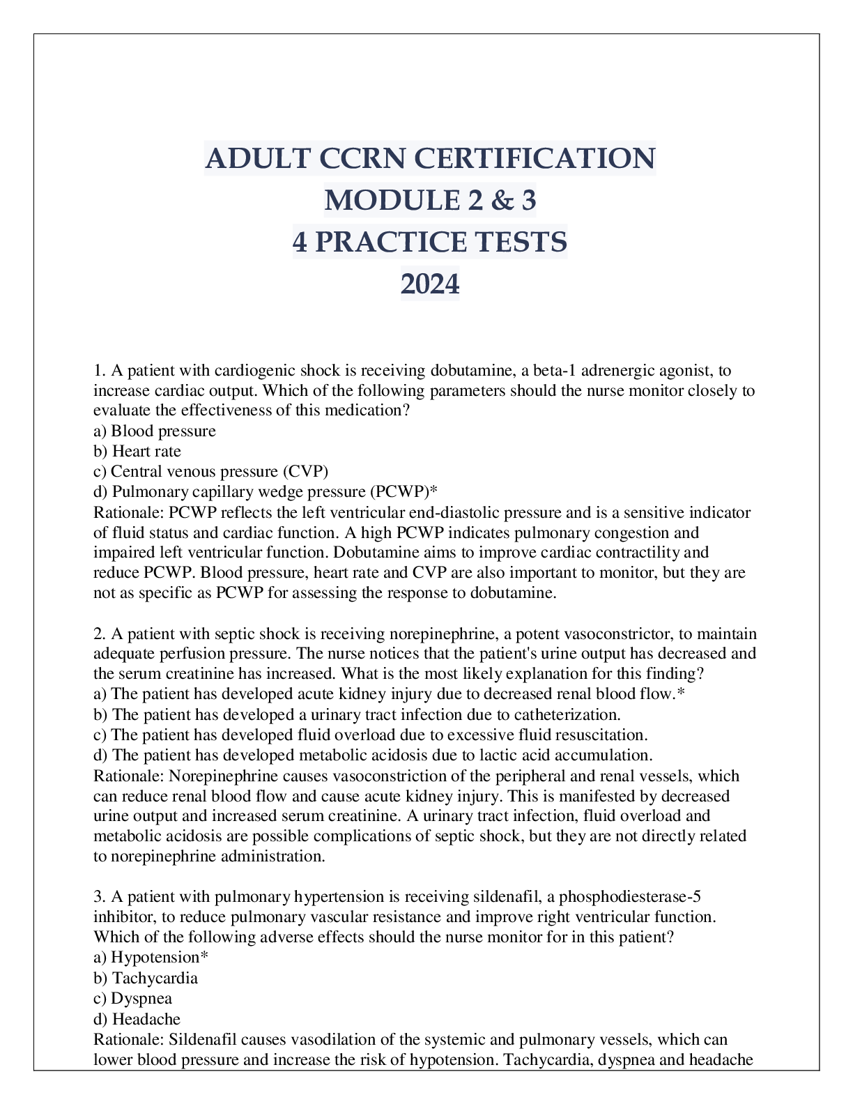 Preview of ADULT CCRN CERTIFICATION MODULE 2 & 3 4 PRACTICE TESTS 2024