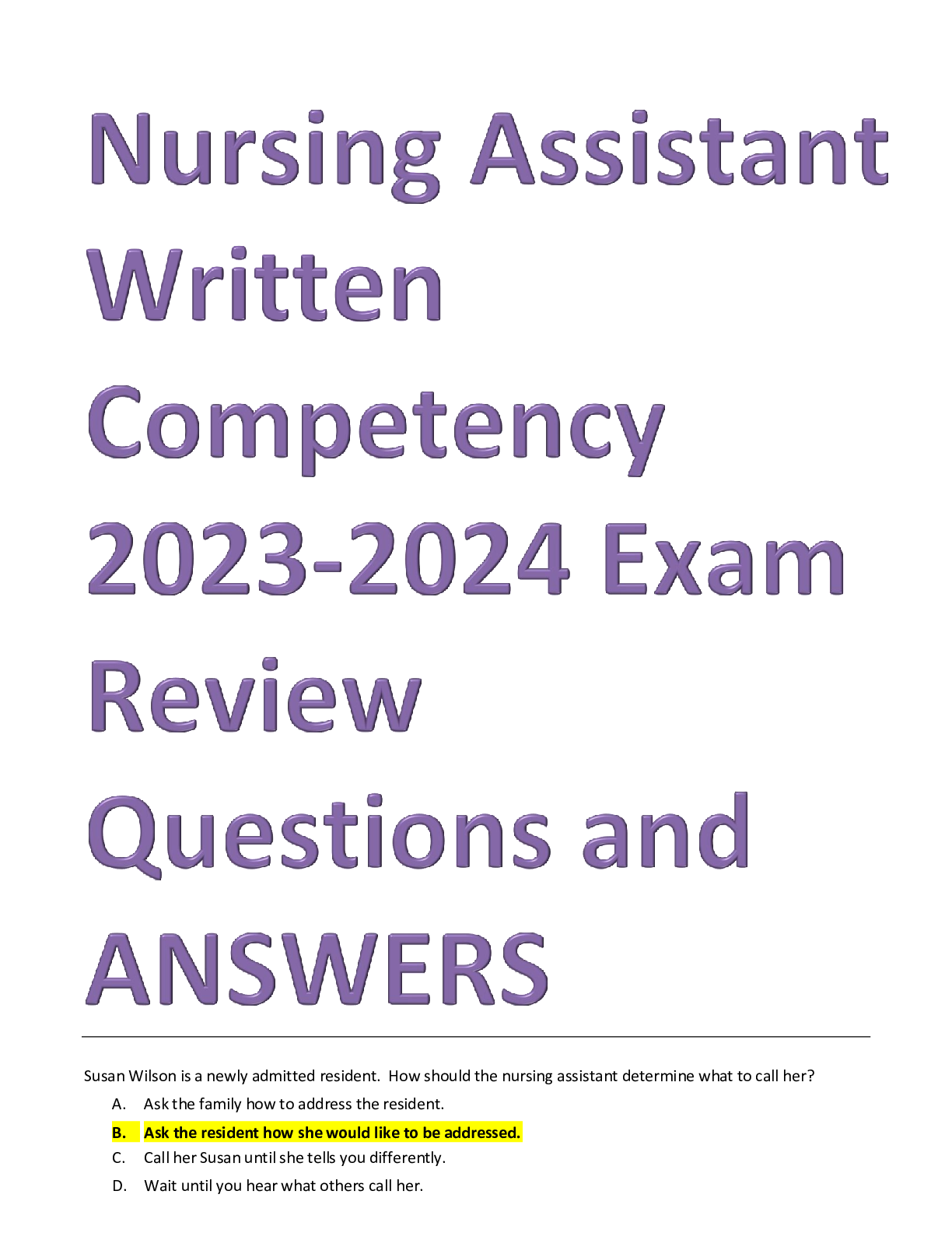 Preview image for Nursing assistant written and comptenecy 2024 questions and correct answers