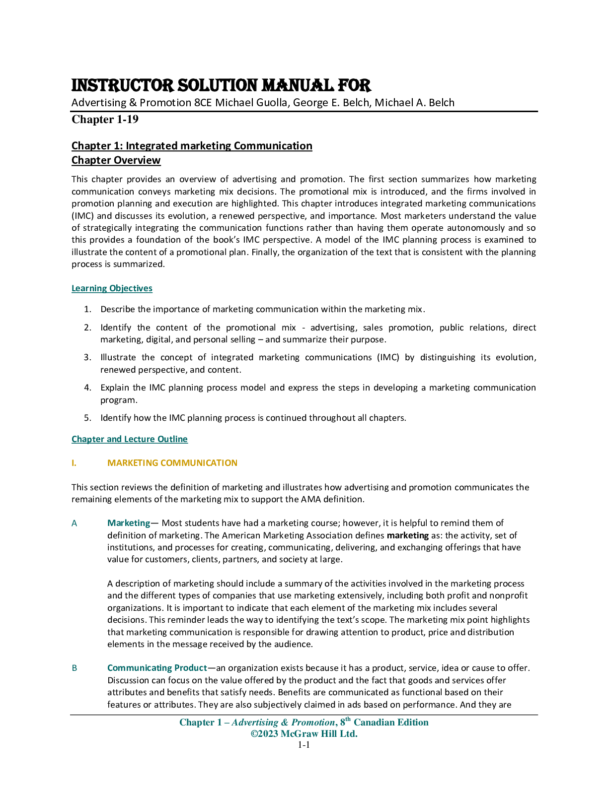 Preview image of Instructor Solution Mnaual For Advertising & Promotion 8CE Michael Guolla, George E. Belch, Michael A. Belch Chapter(1-19) document